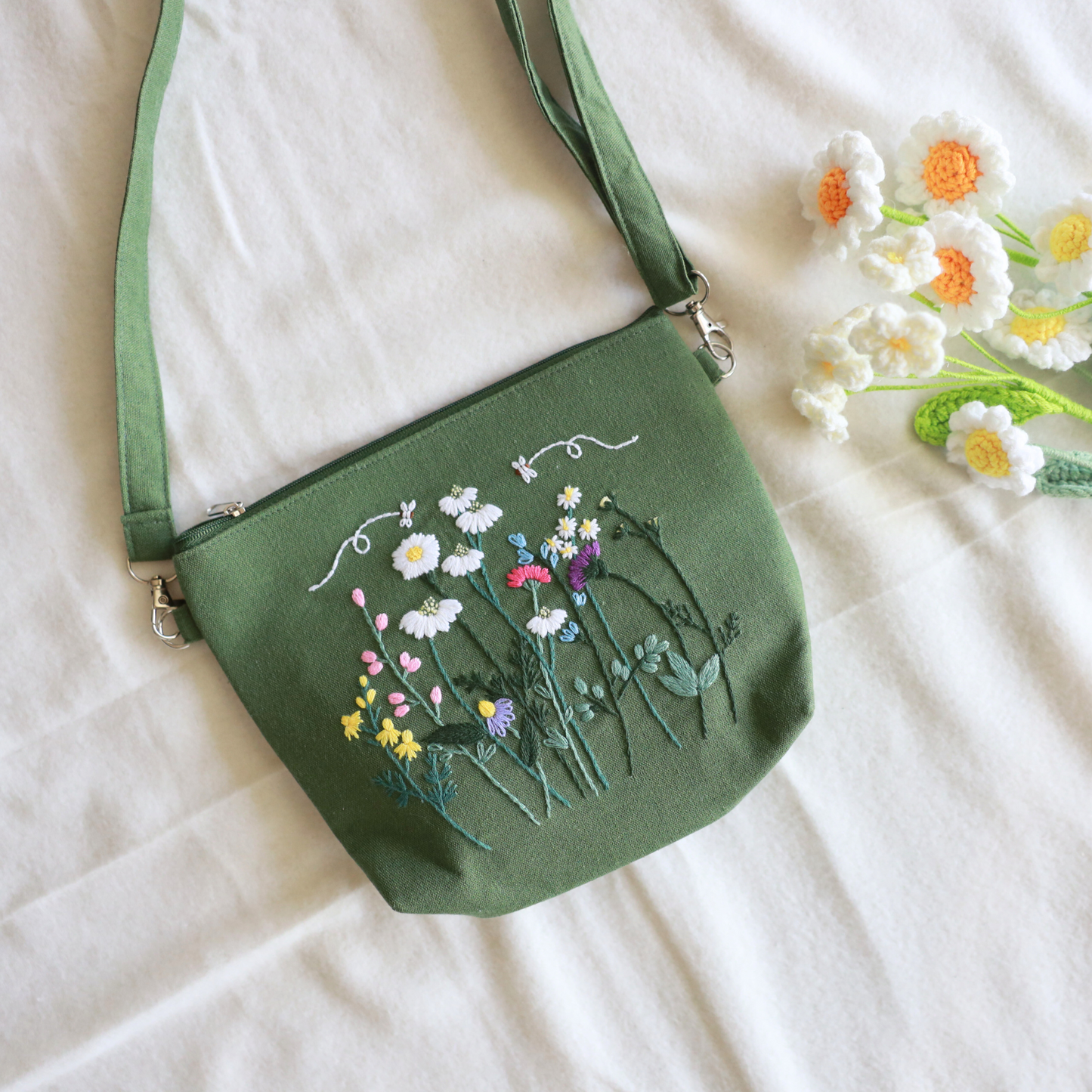 Forest Green Wildflower Crossbody Bag