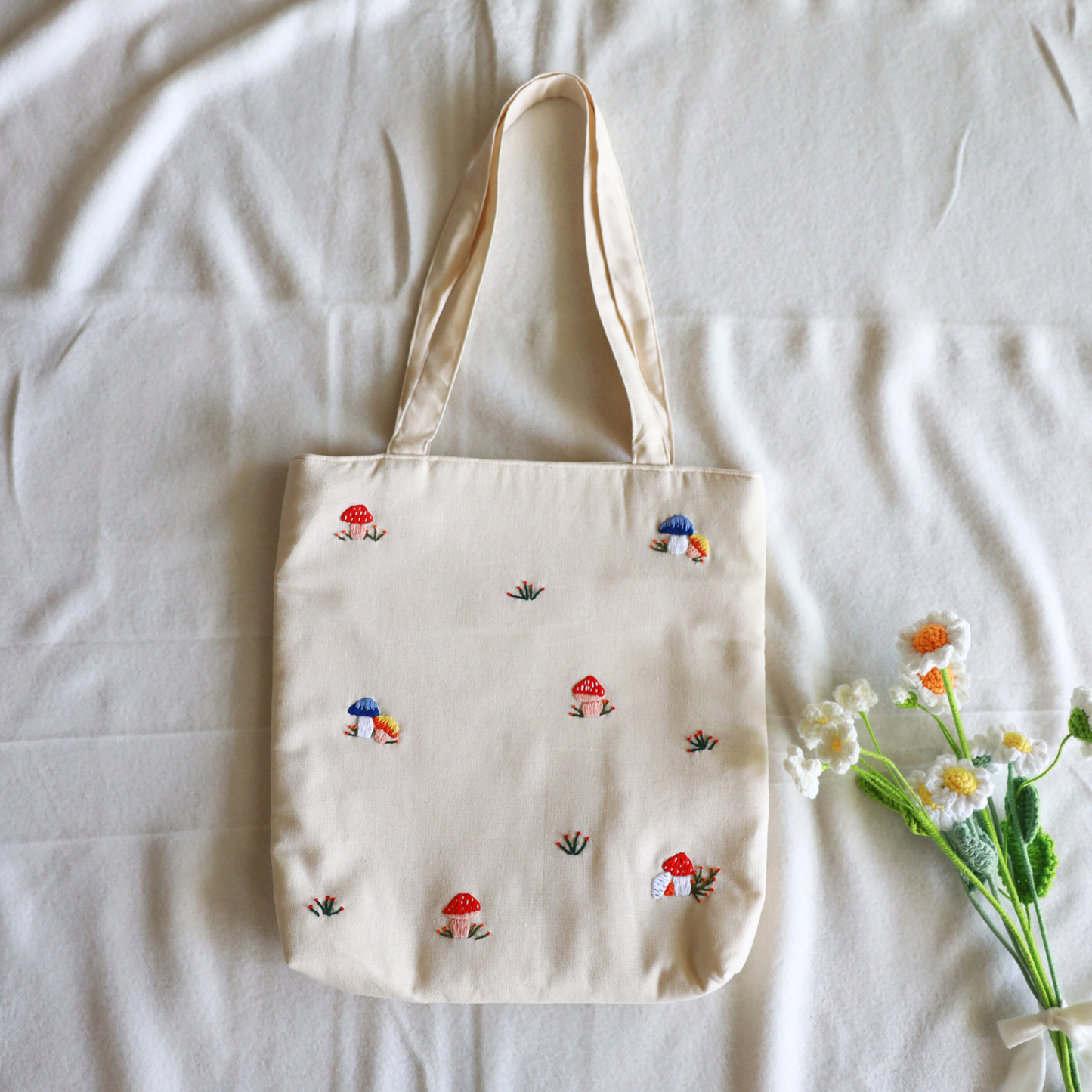 Mushroom Meadow Embroidered Tote Bag