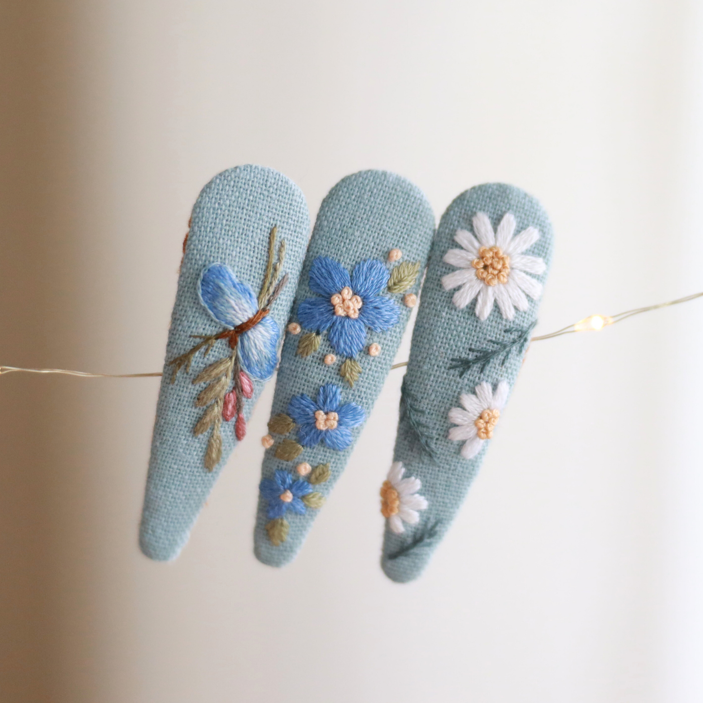 Blue Meadow Embroidered Hair Clips