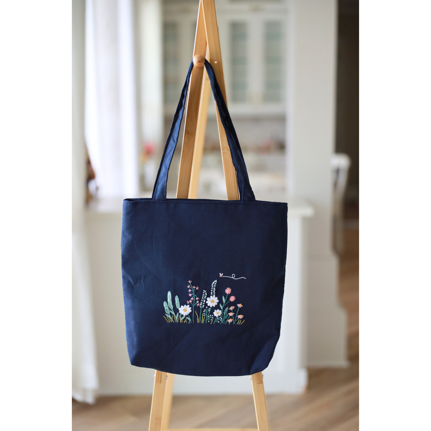 Dark Navy Linen Tote With Hand Embroidered Wildflowers