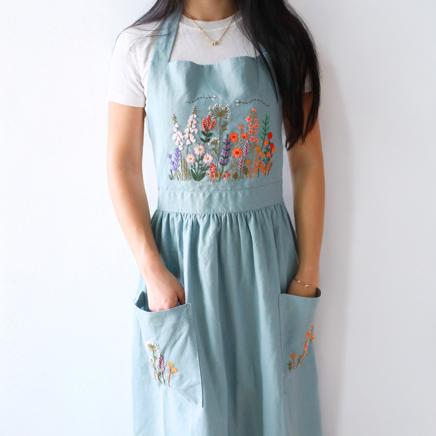Hand Embroidered Blue Linen Apron