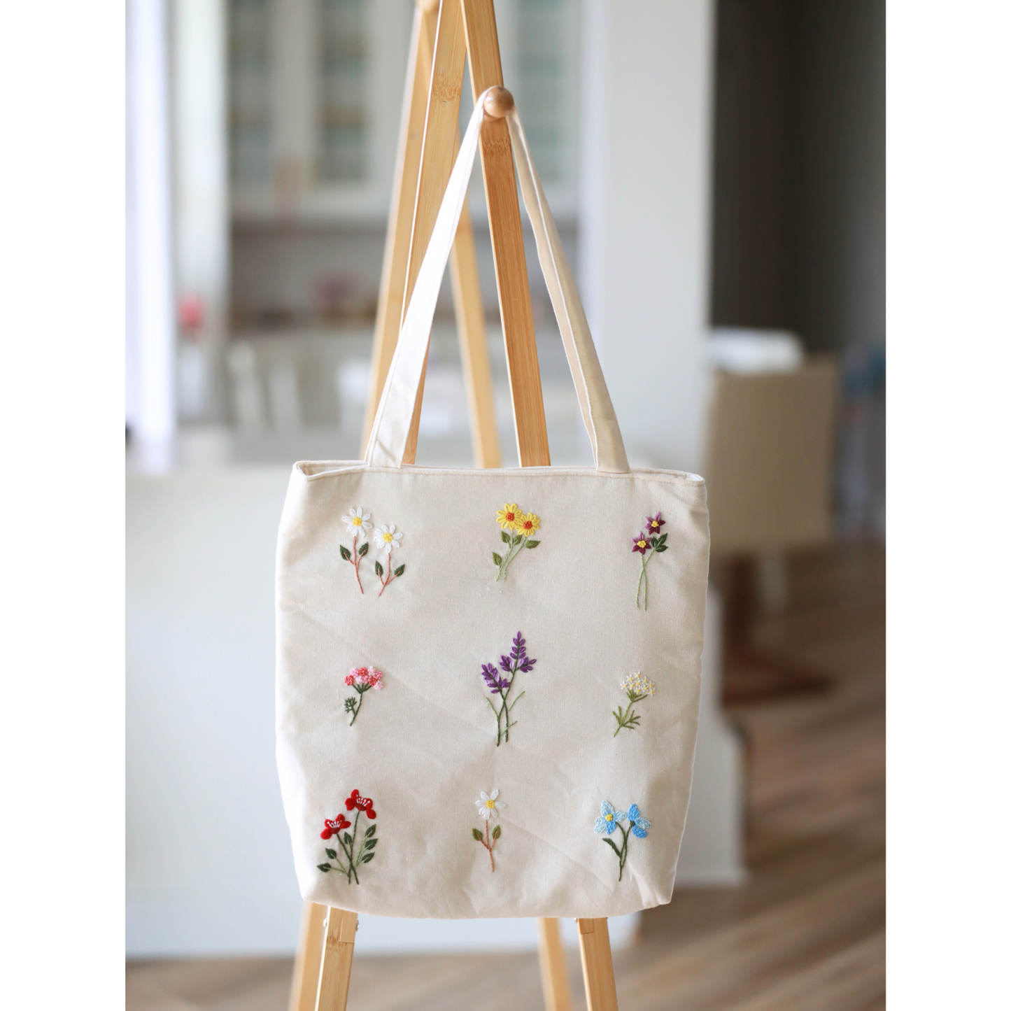 Natural Wildflower Embroidered Tote Bag