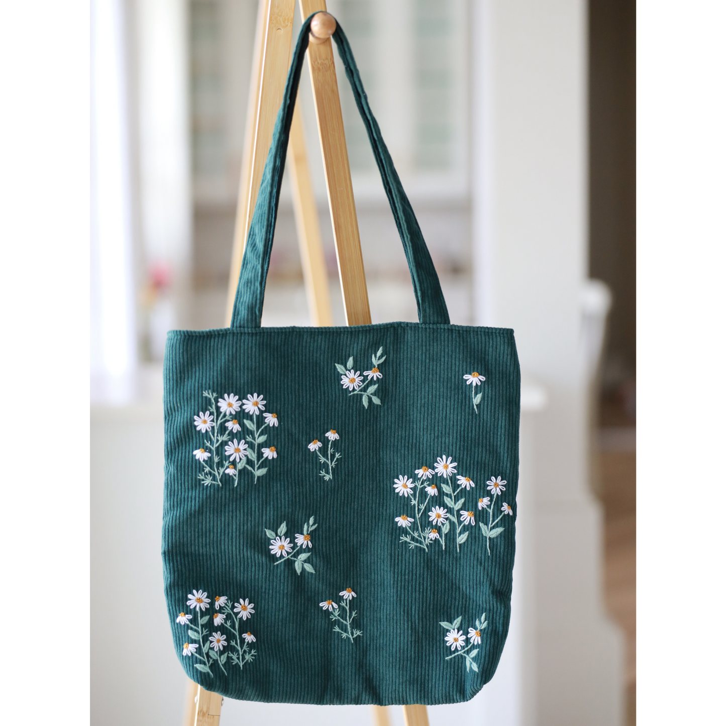 Velvet Tote Bag with Daisy Flower Embroidery