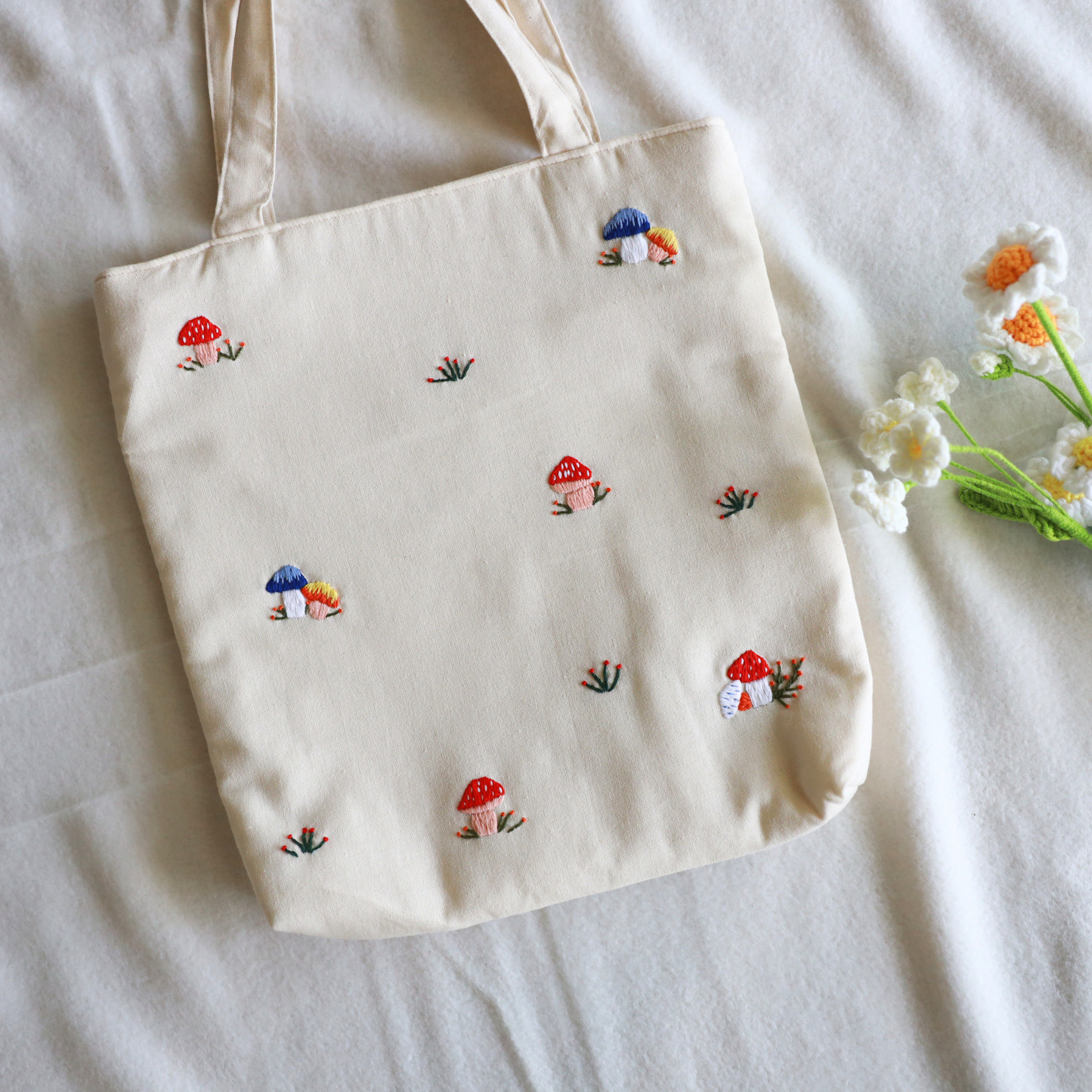 Mushroom Meadow Embroidered Tote Bag