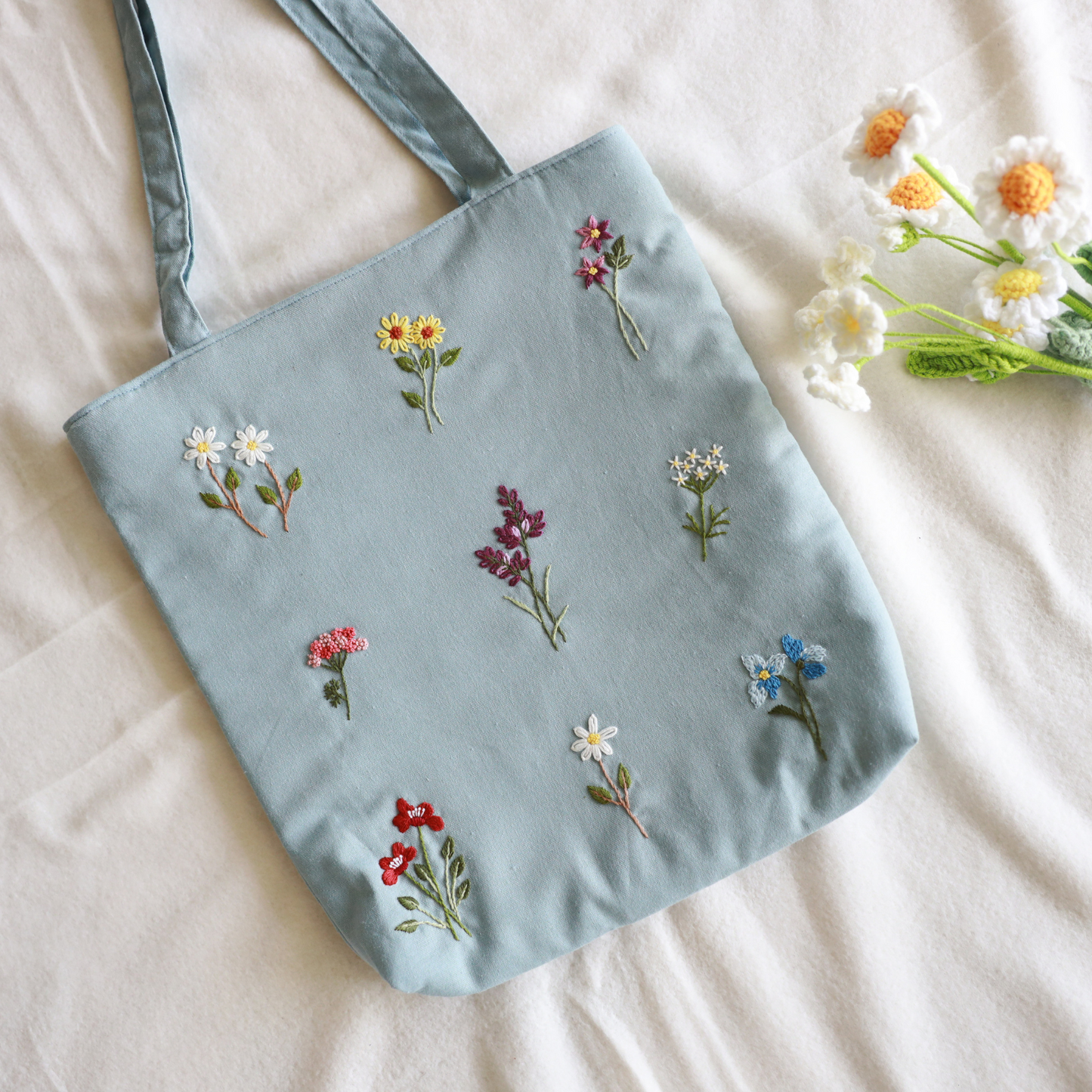 Light Blue Wildflower Embroidered Tote Bag
