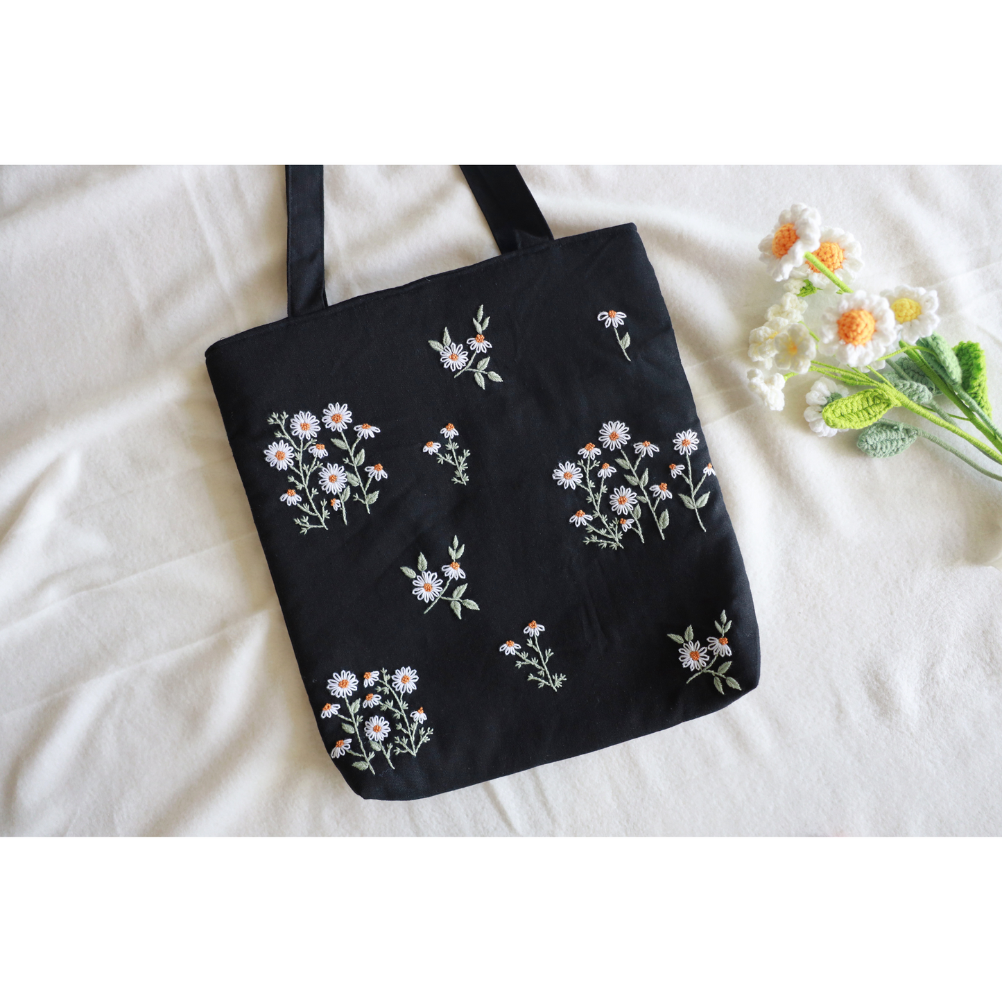 Black Hand Embroidered Daisy Linen Tote Bag