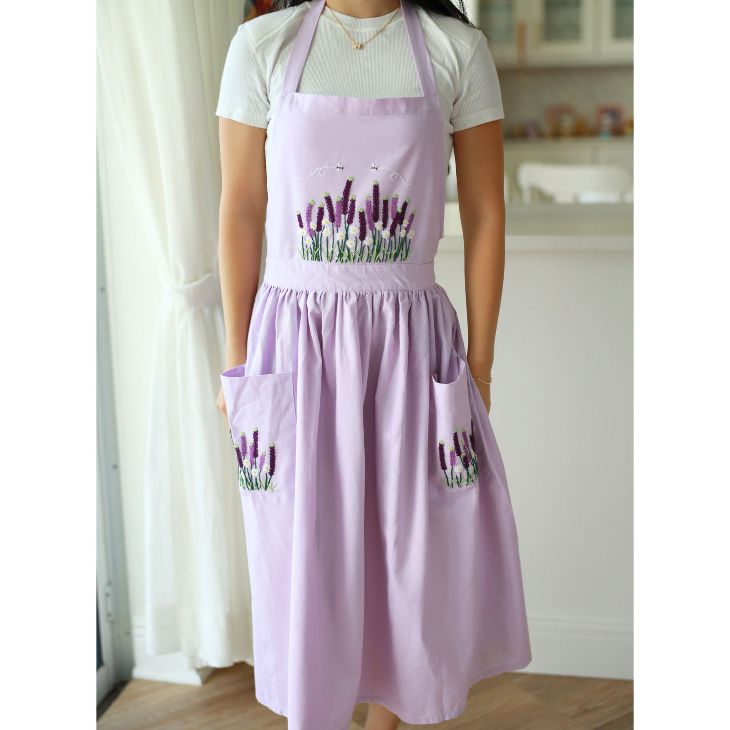 Hand Embroidered Lavender Linen Apron