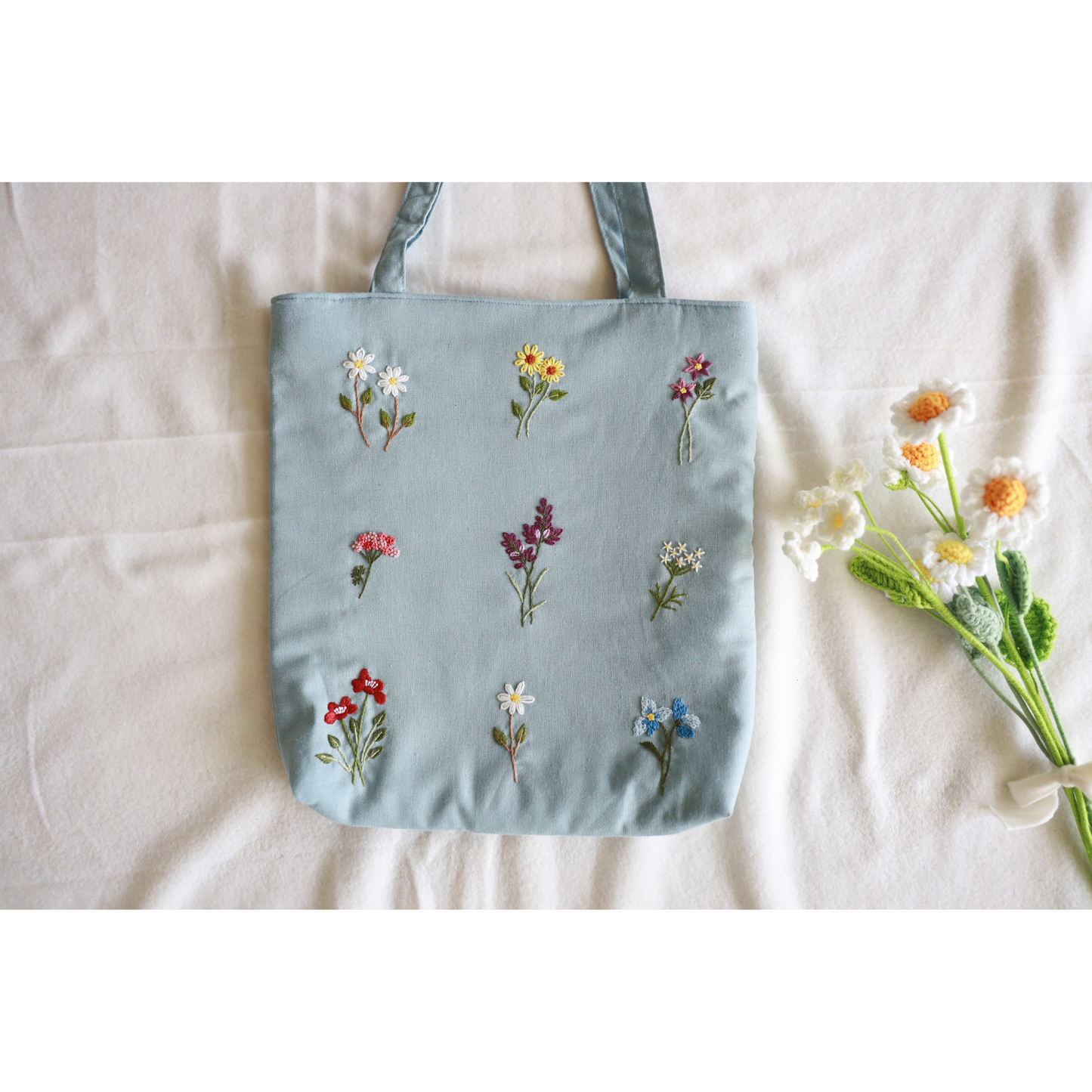Light Blue Wildflower Embroidered Tote Bag