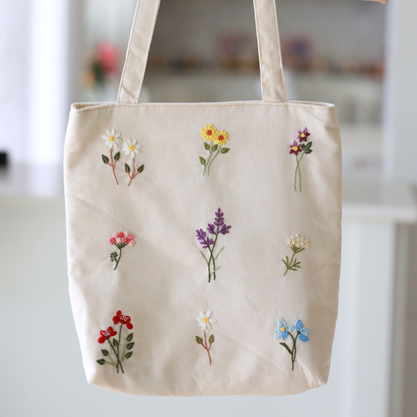 Natural Wildflower Embroidered Tote Bag