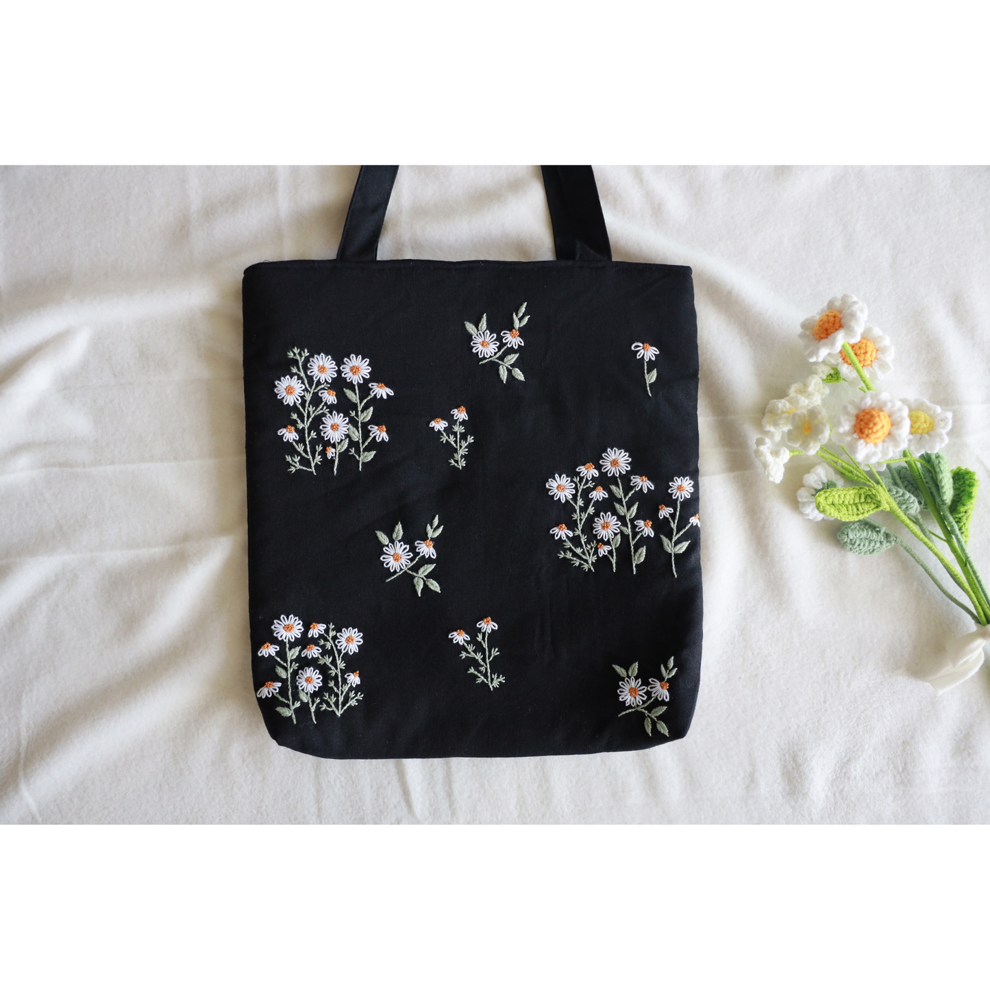 Black Hand Embroidered Daisy Linen Tote Bag
