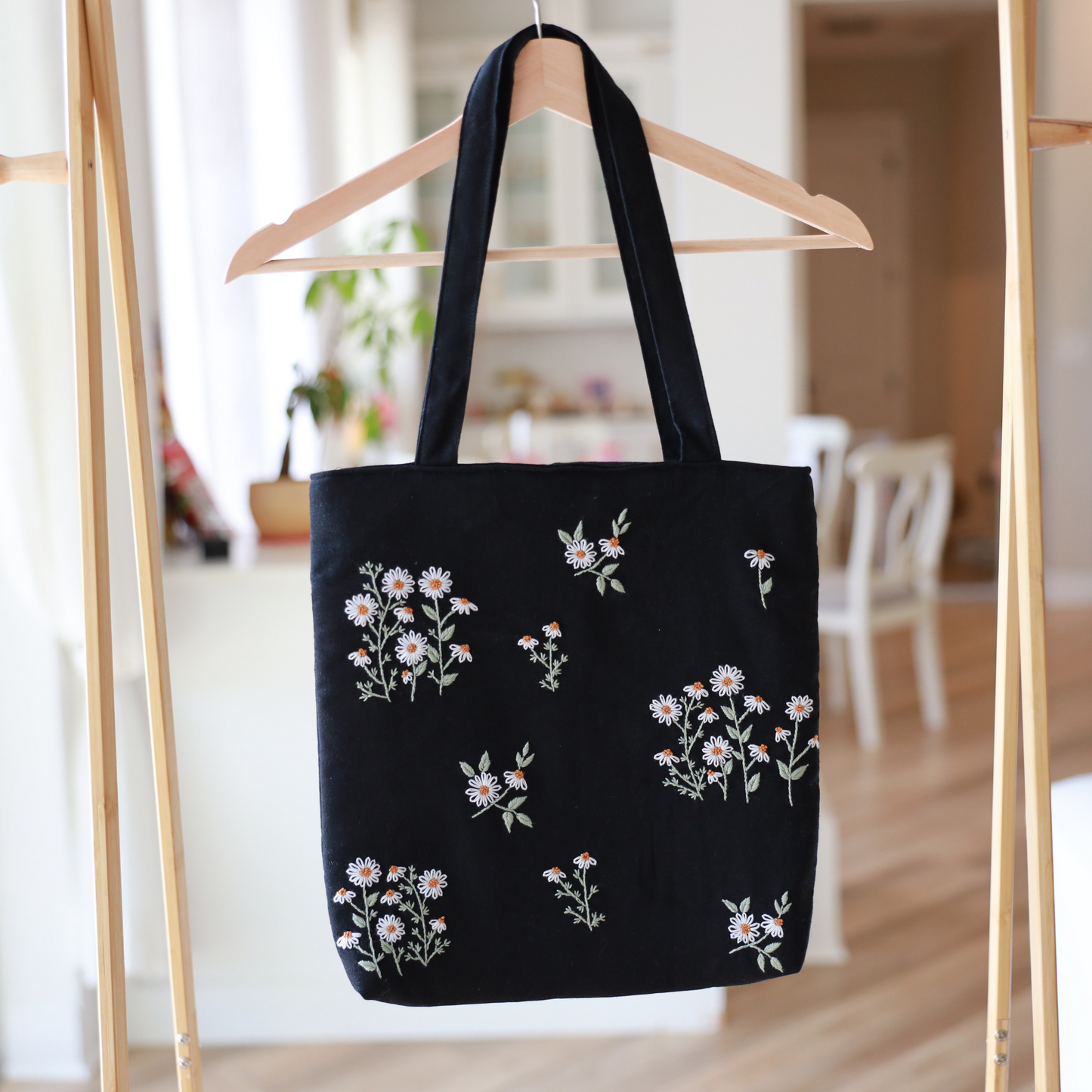 Black Hand Embroidered Daisy Linen Tote Bag