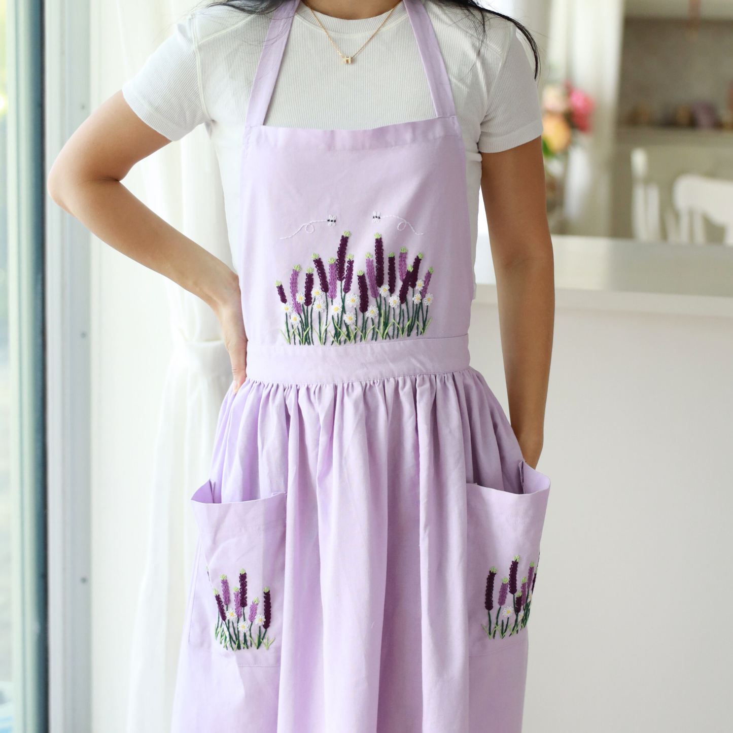 Hand Embroidered Lavender Linen Apron