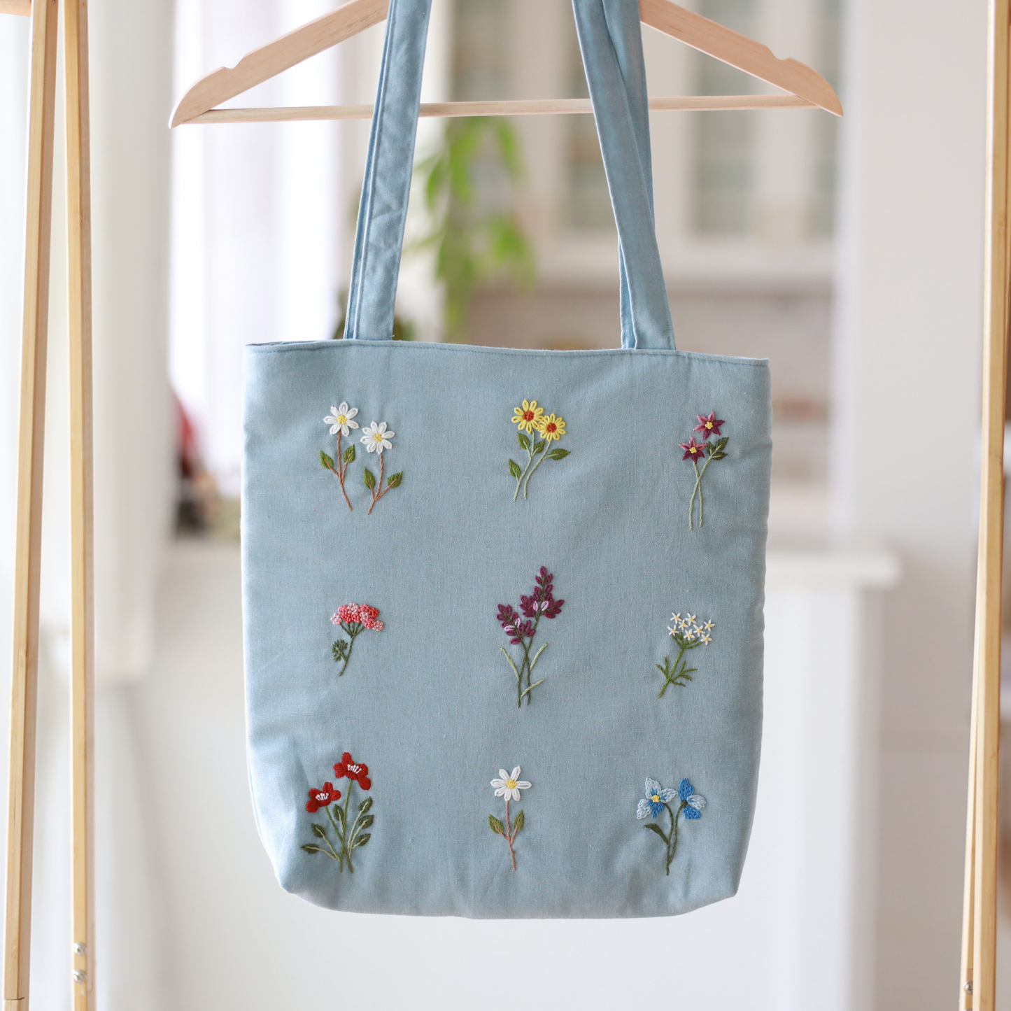 Light Blue Wildflower Embroidered Tote Bag