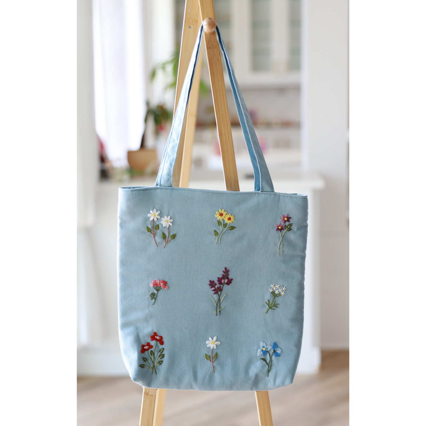 Light Blue Wildflower Embroidered Tote Bag