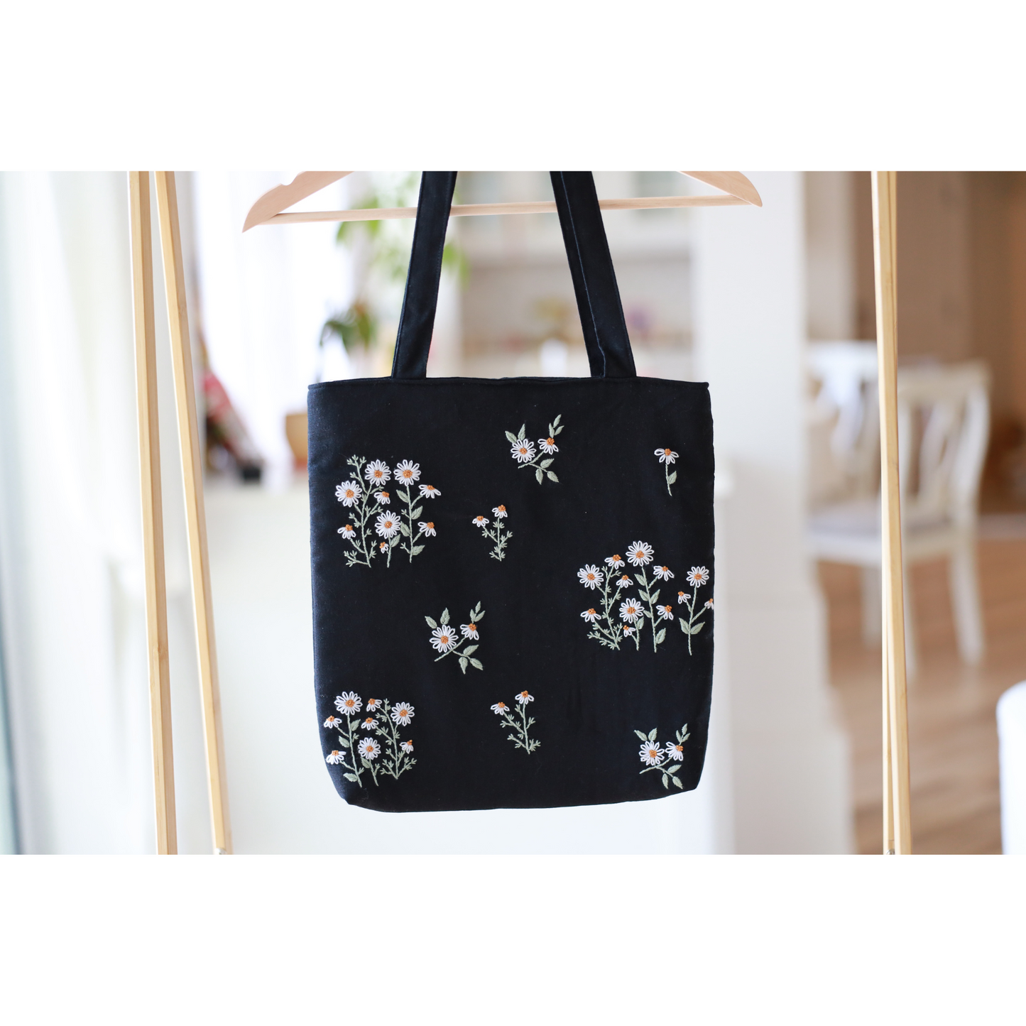 Black Hand Embroidered Daisy Linen Tote Bag
