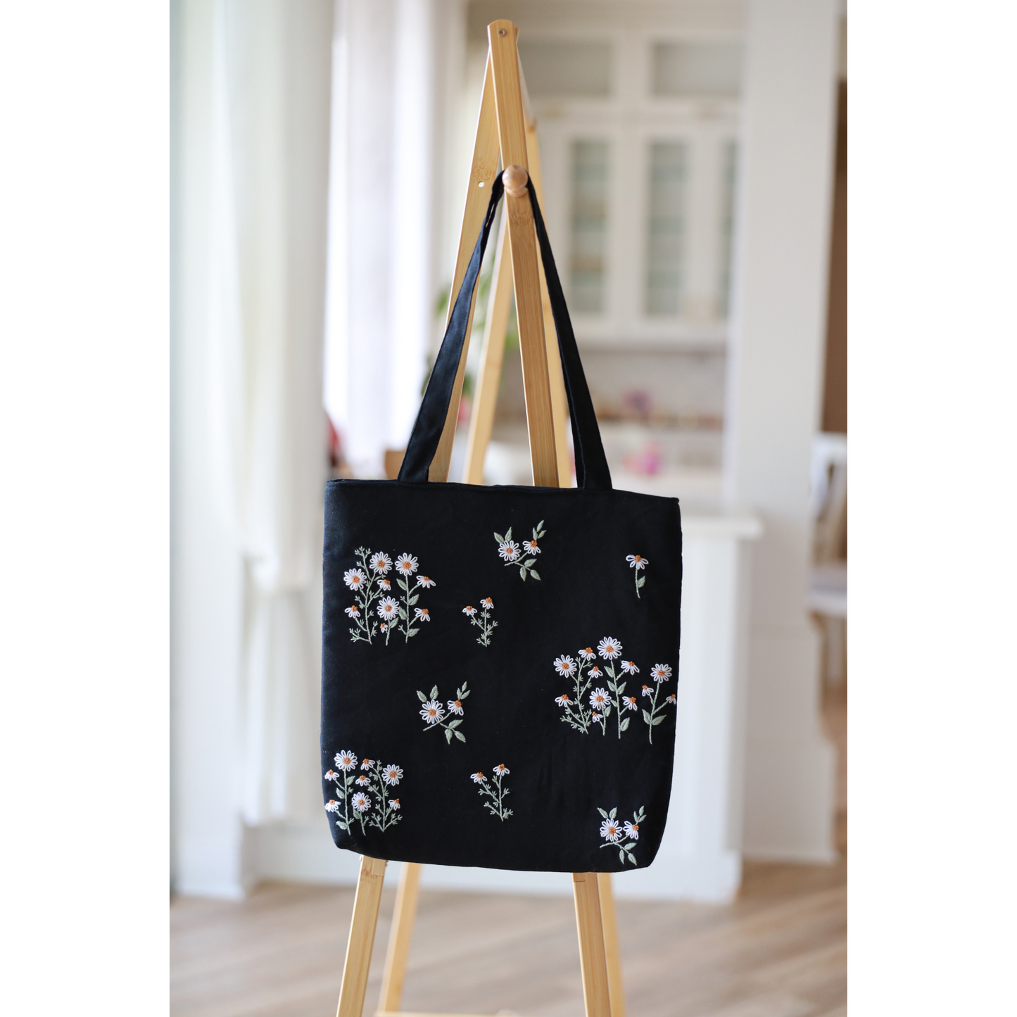 Black Hand Embroidered Daisy Linen Tote Bag
