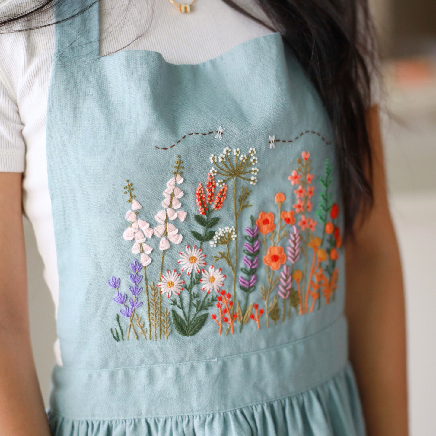 Hand Embroidered Blue Linen Apron