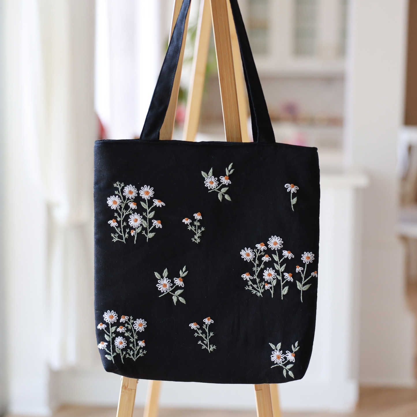 Black Hand Embroidered Daisy Linen Tote Bag