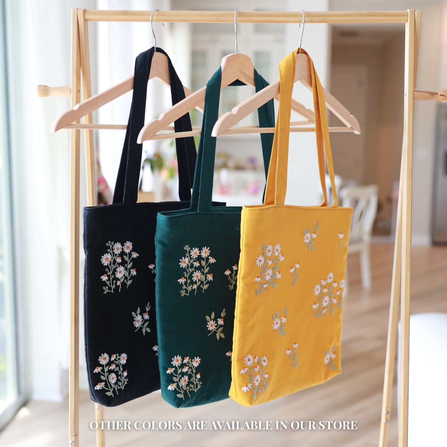 Black Hand Embroidered Daisy Linen Tote Bag