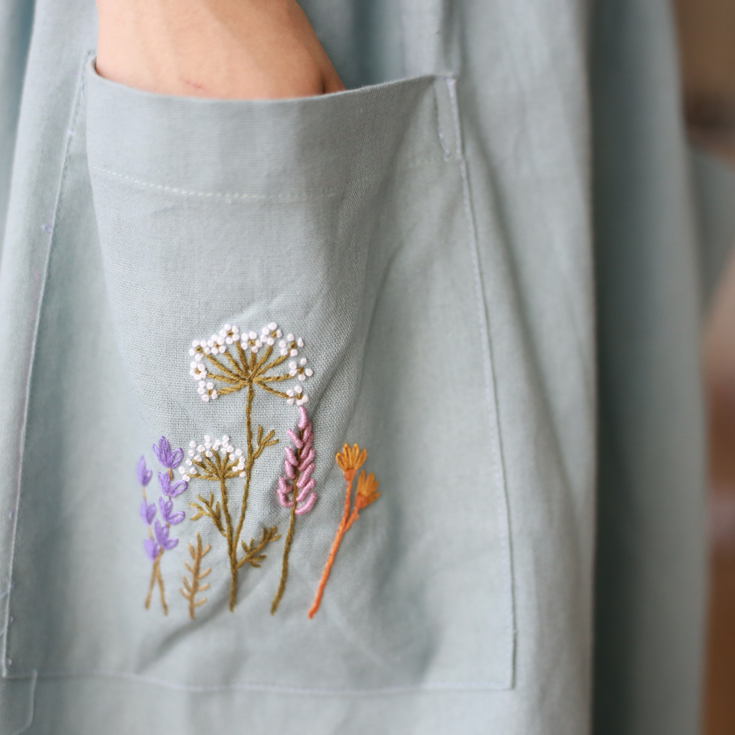 Hand Embroidered Blue Linen Apron
