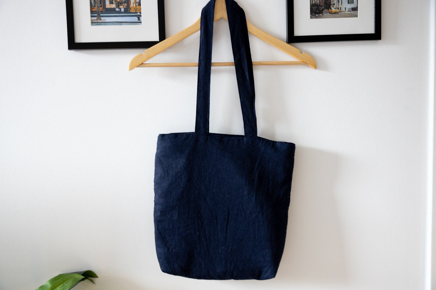 Dark Navy Linen Tote With Hand Embroidered Wildflowers