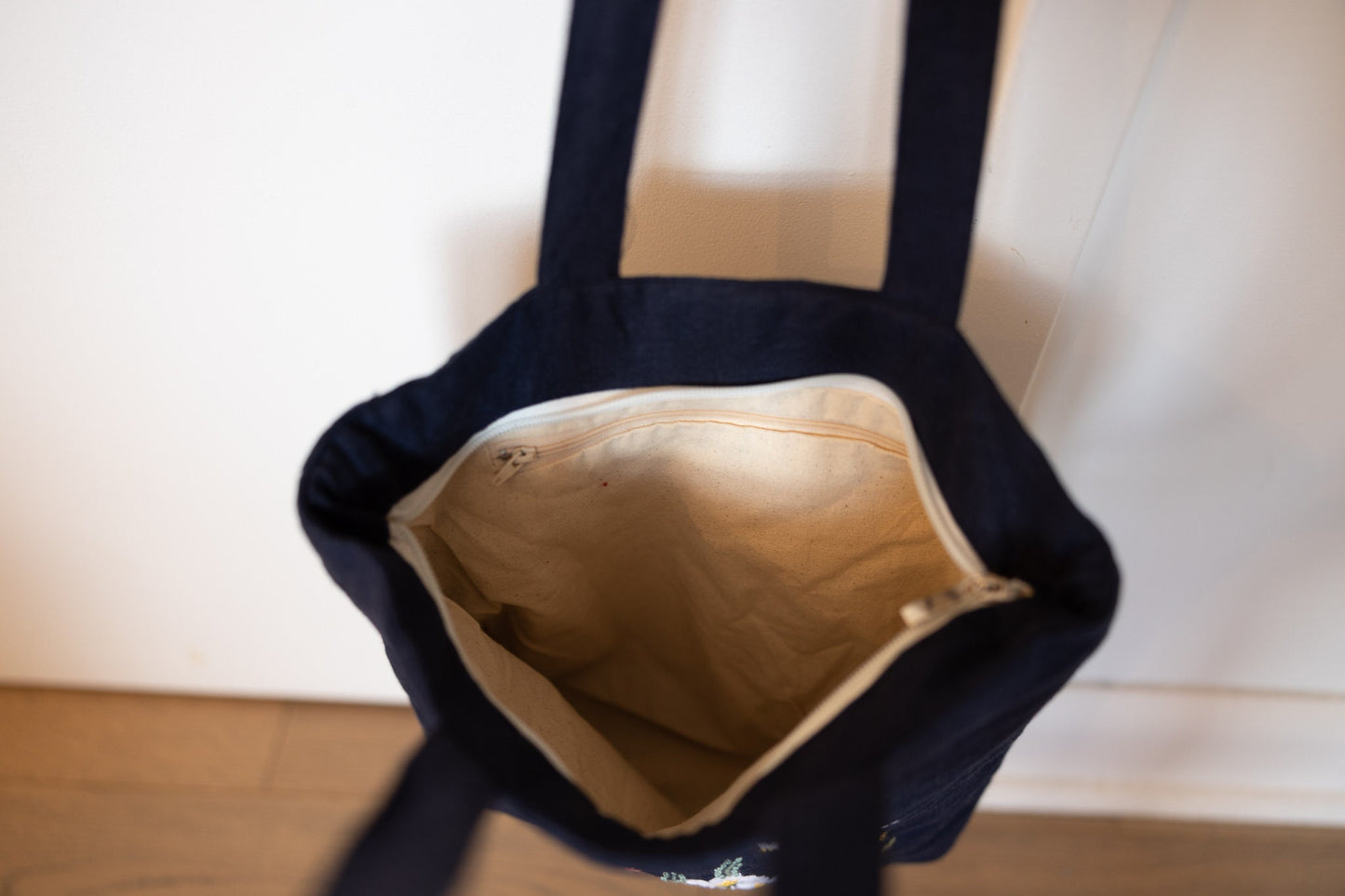 Dark Navy Linen Tote With Hand Embroidered Wildflowers