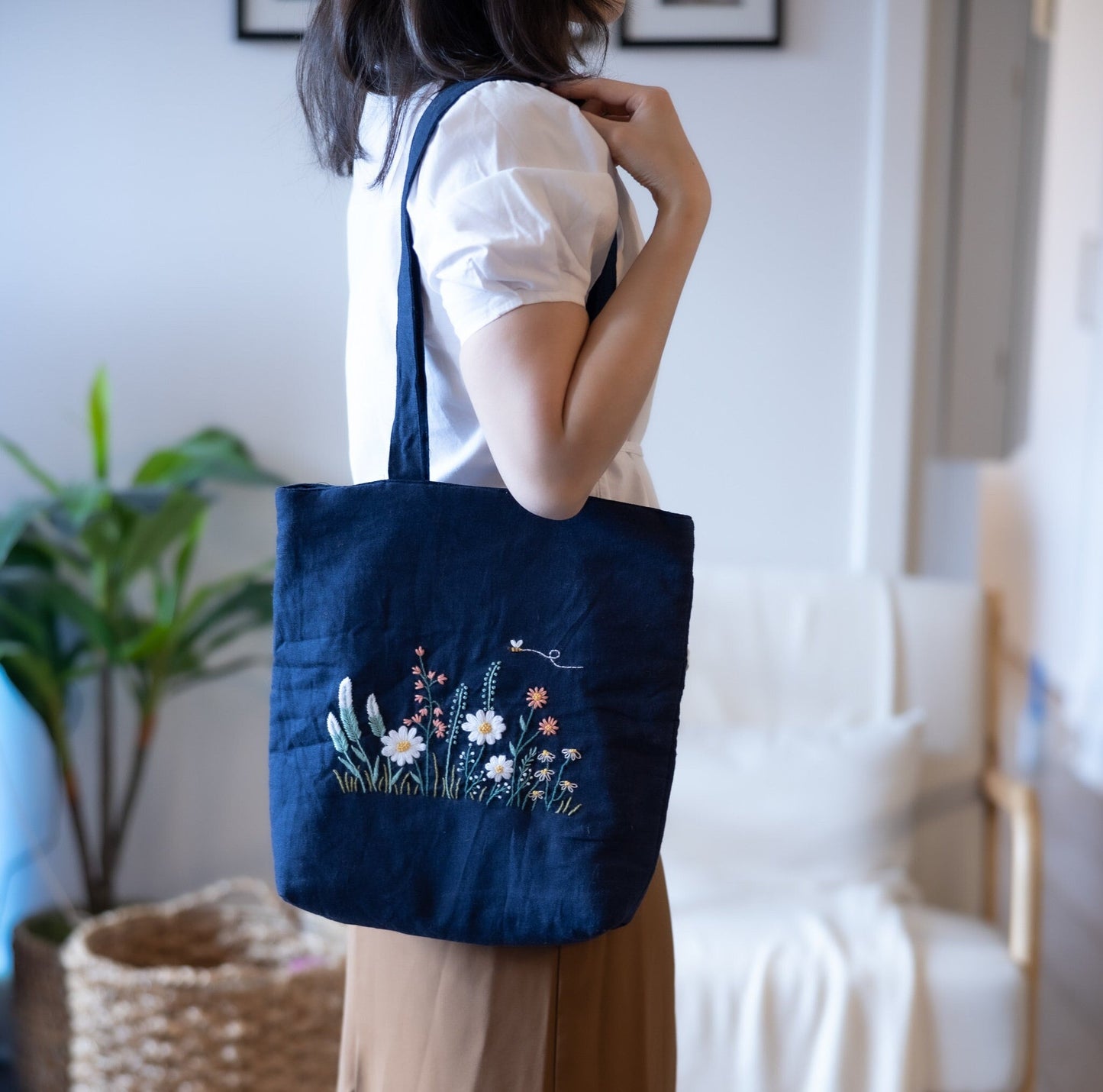Dark Navy Linen Tote With Hand Embroidered Wildflowers