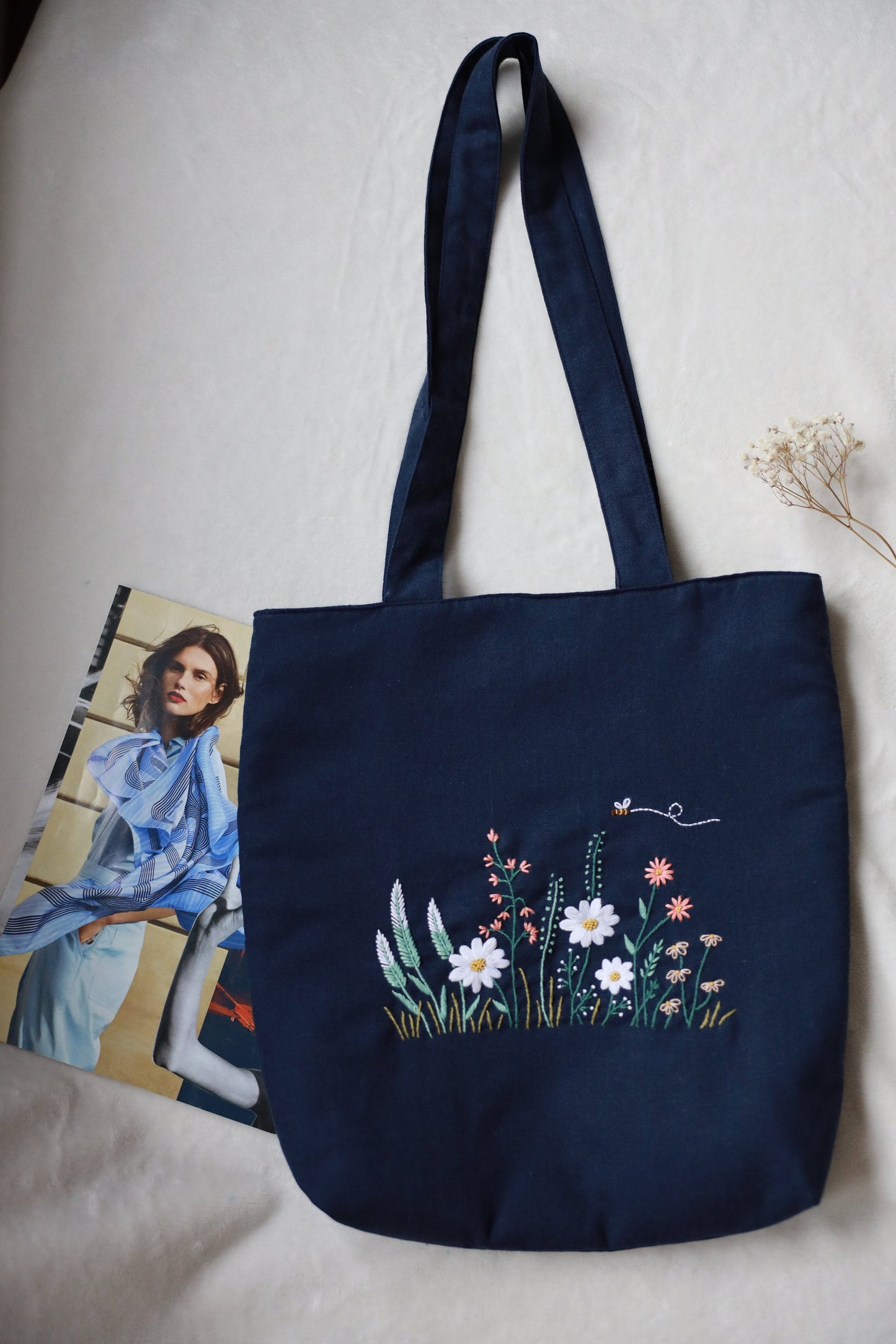 Dark Navy Linen Tote With Hand Embroidered Wildflowers