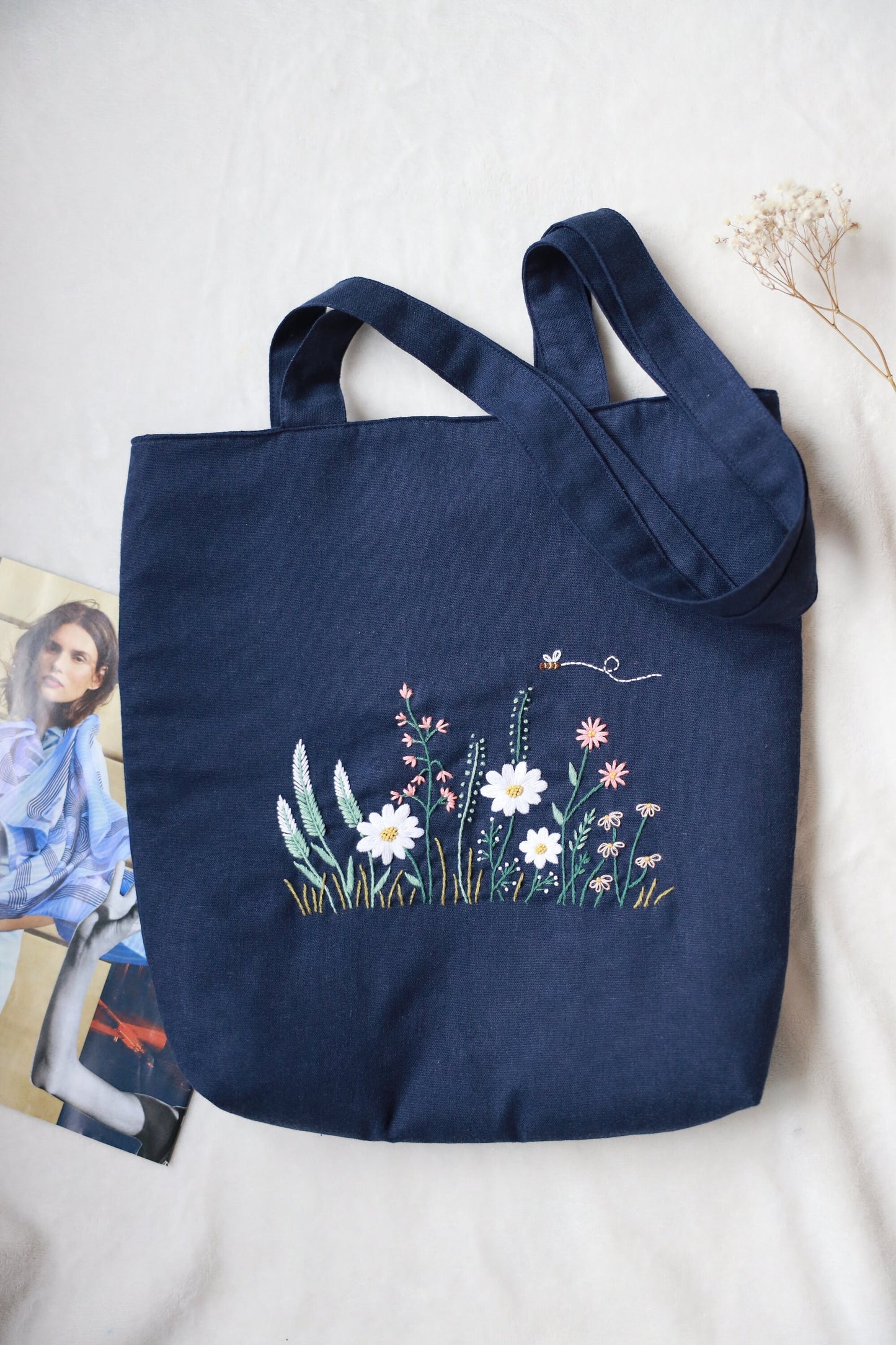 Dark Navy Linen Tote With Hand Embroidered Wildflowers