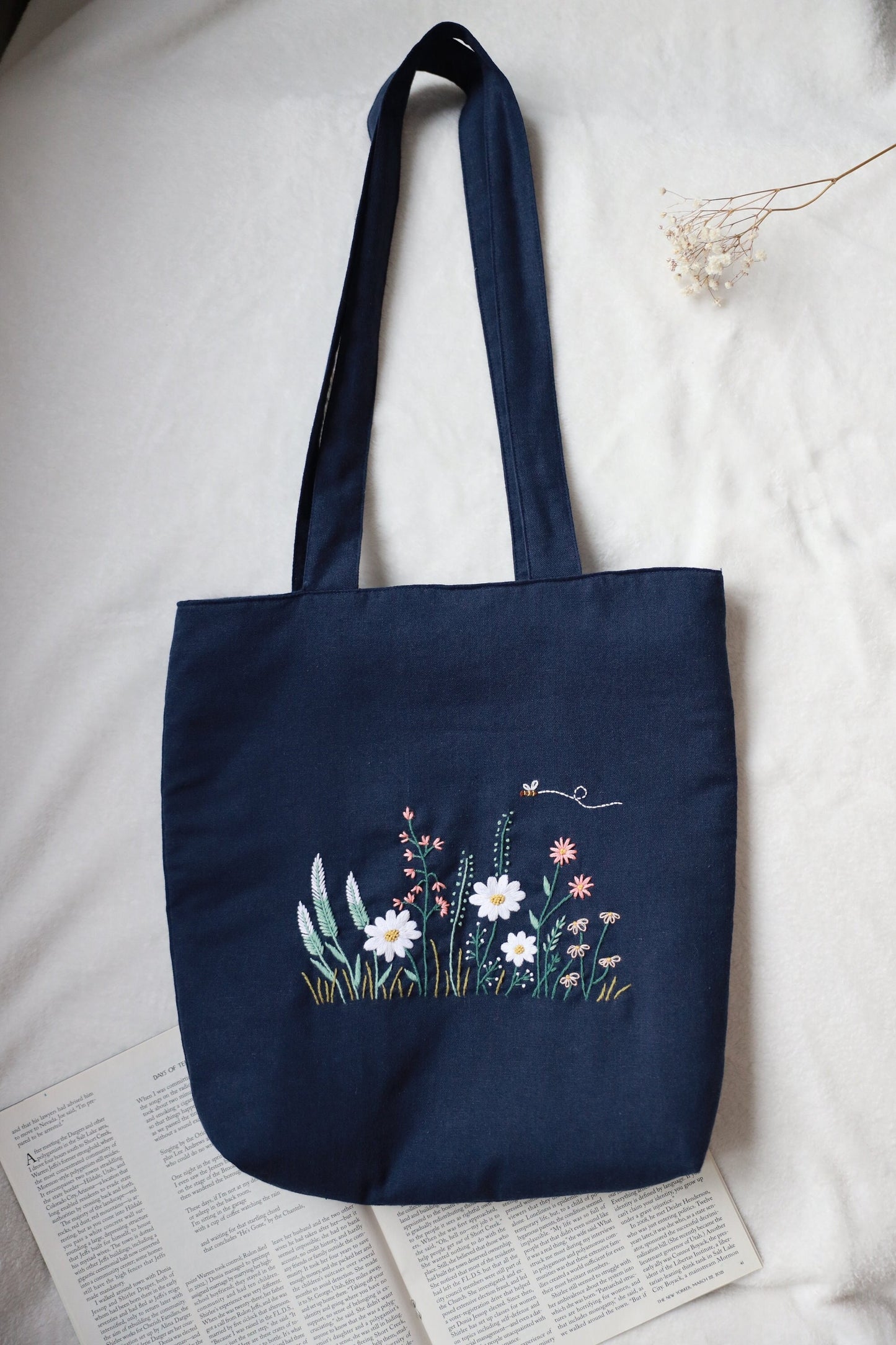 Dark Navy Linen Tote With Hand Embroidered Wildflowers