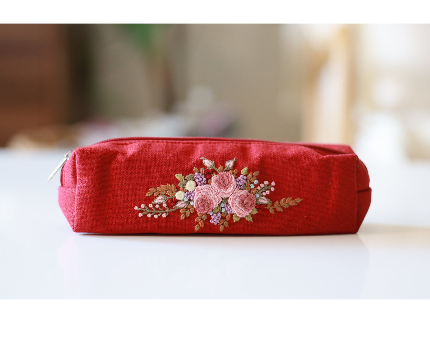 Hand Embroidered Pencil Case with Flower Embroidery