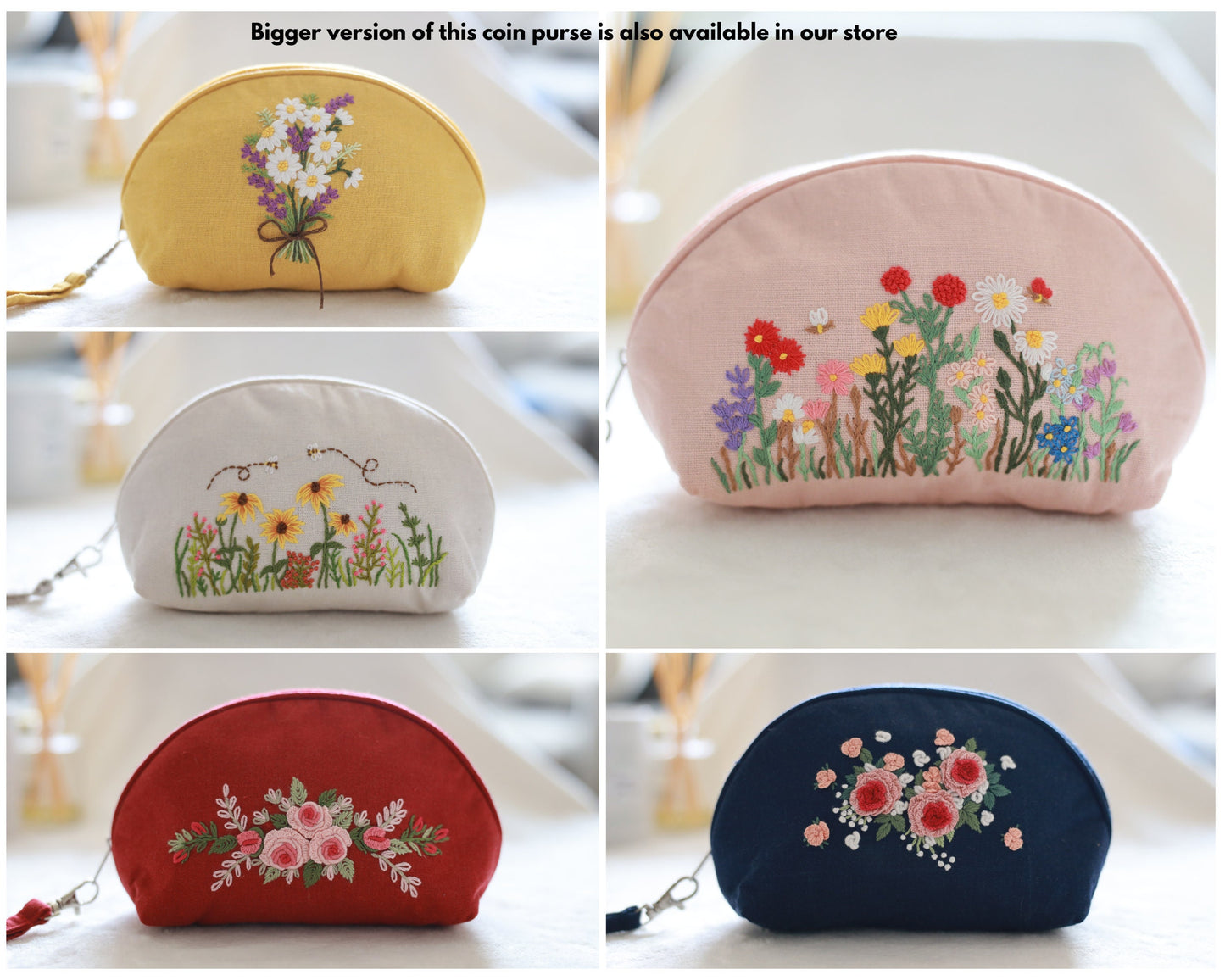 Hand Embroidered Coin Purse with Flower Embroidery