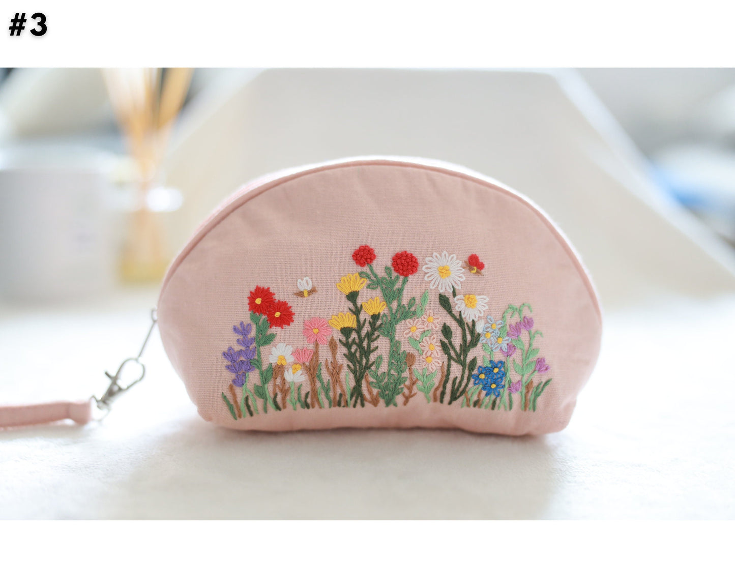 Hand Embroidered Coin Purse Wristlet with Flower Embroidery