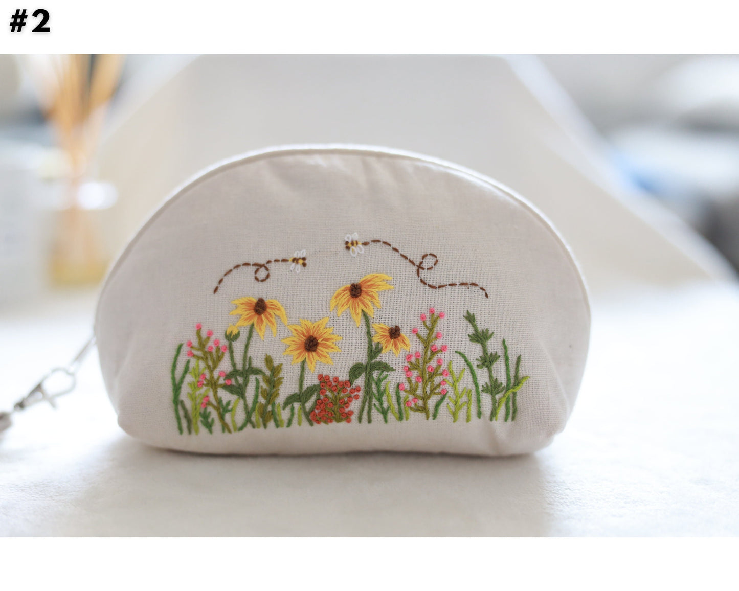 Hand Embroidered Coin Purse Wristlet with Flower Embroidery