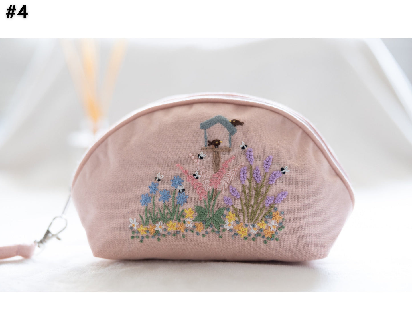 Hand Embroidered Coin Purse Wristlet with Flower Embroidery