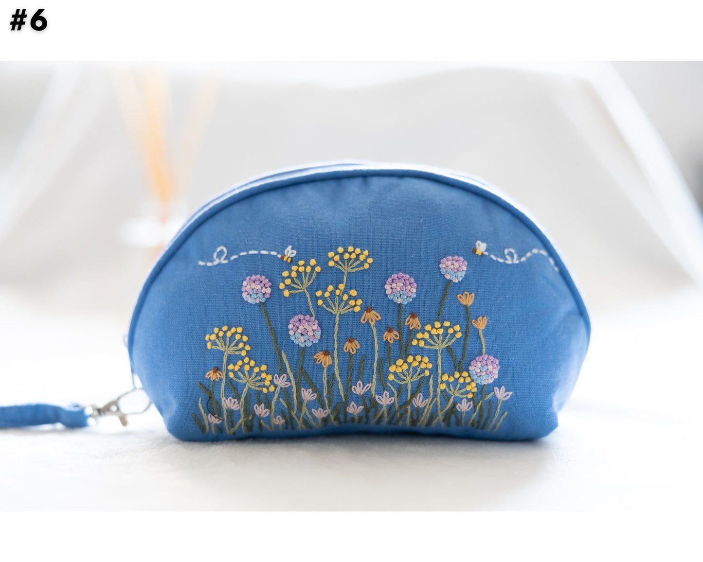 Hand Embroidered Coin Purse Wristlet with Flower Embroidery
