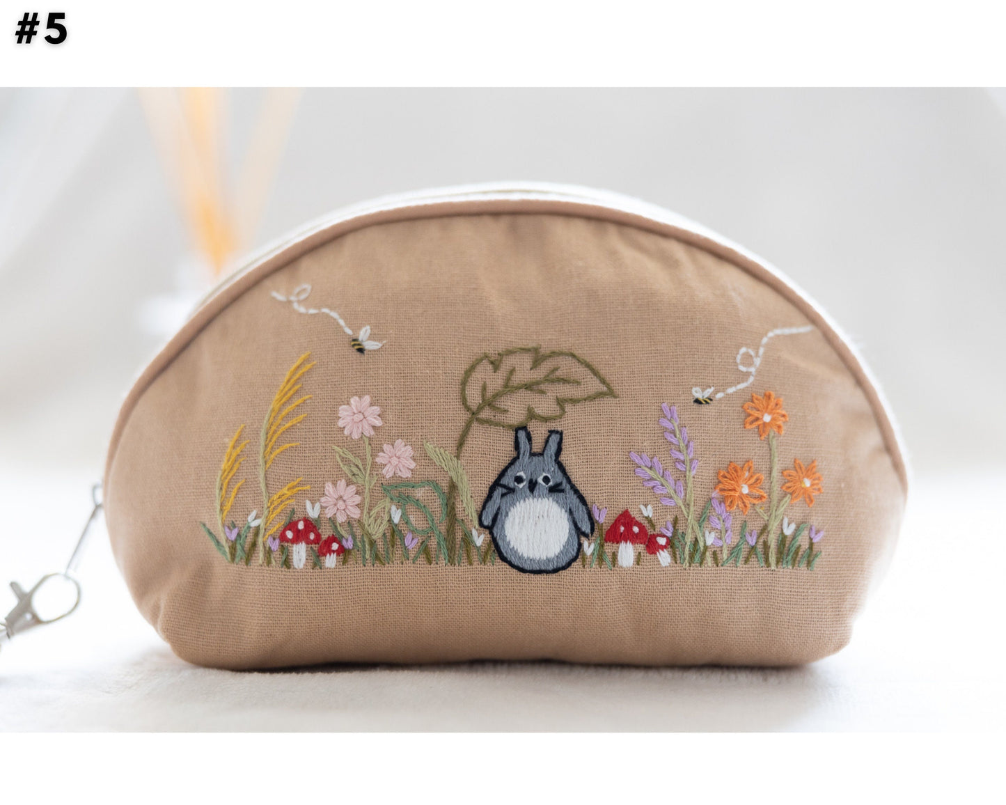 Hand Embroidered Coin Purse Wristlet with Flower Embroidery