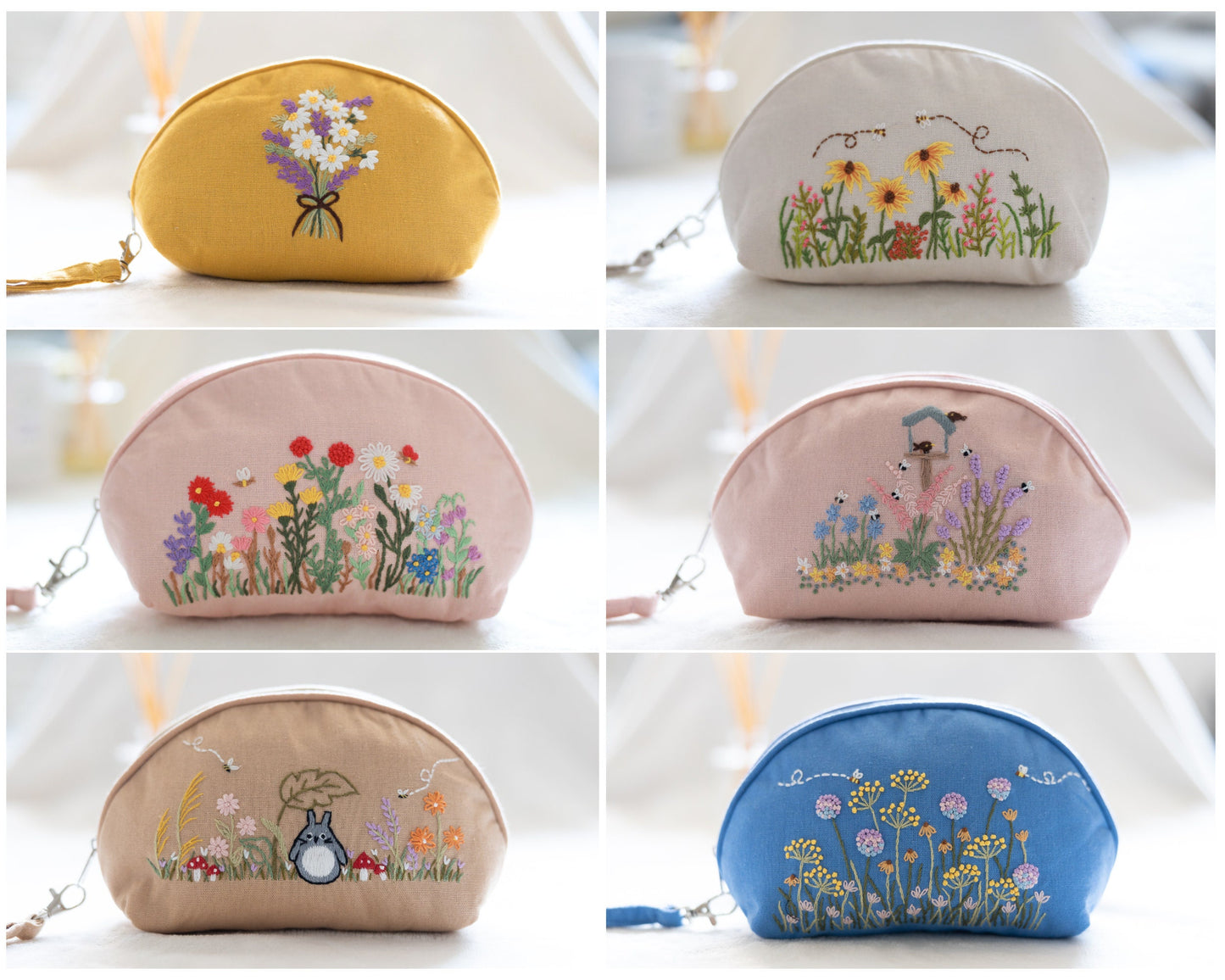 Hand Embroidered Coin Purse Wristlet with Flower Embroidery