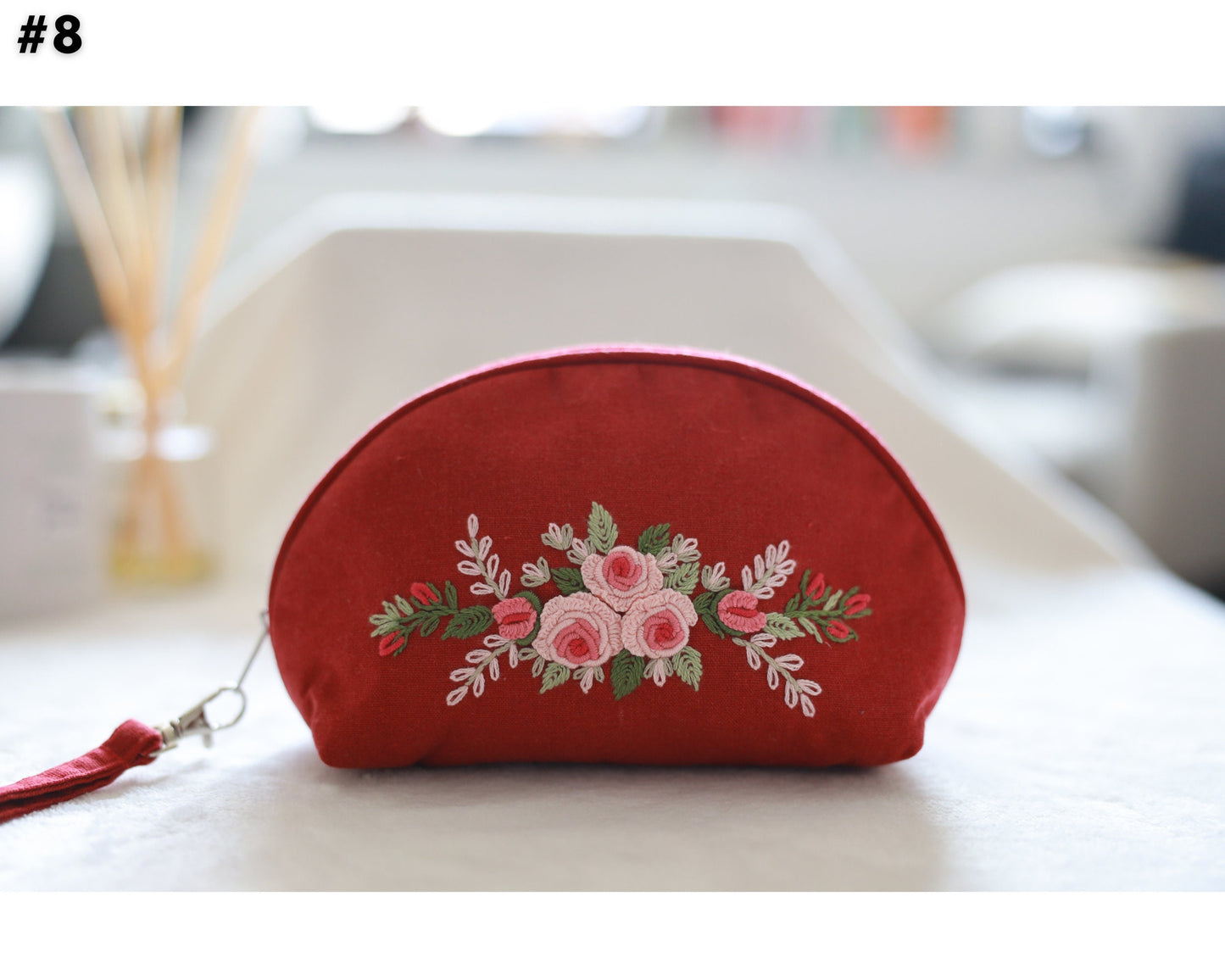 Hand Embroidered Coin Purse Wristlet with Flower Embroidery