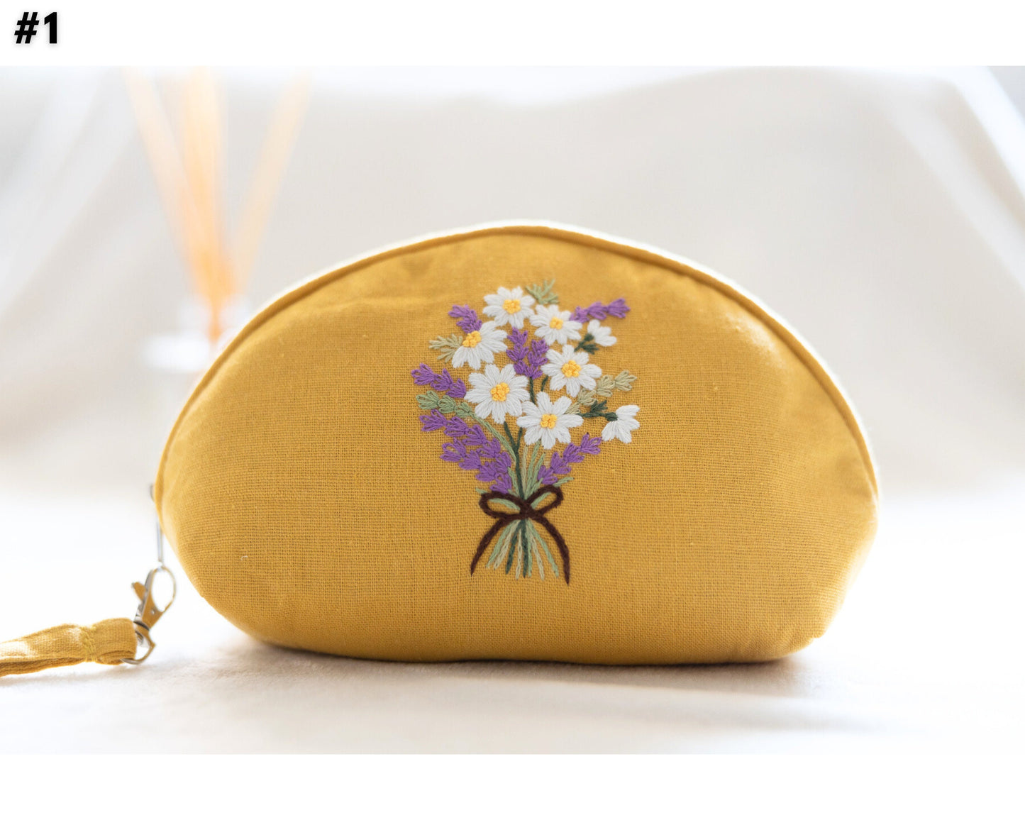 Hand Embroidered Coin Purse Wristlet with Flower Embroidery