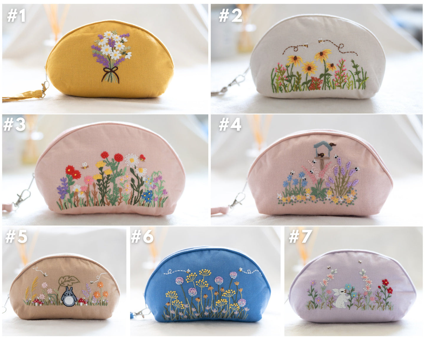 Hand Embroidered Coin Purse Wristlet with Flower Embroidery