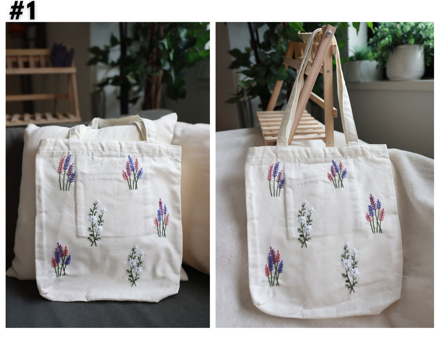 Daisy Flowers Embroidered Tote Bag, Tote Bag, Lavender Floral Canvas Tote Bag, Handmade Cute Floral Tote Bag Summer, Vintage Tote