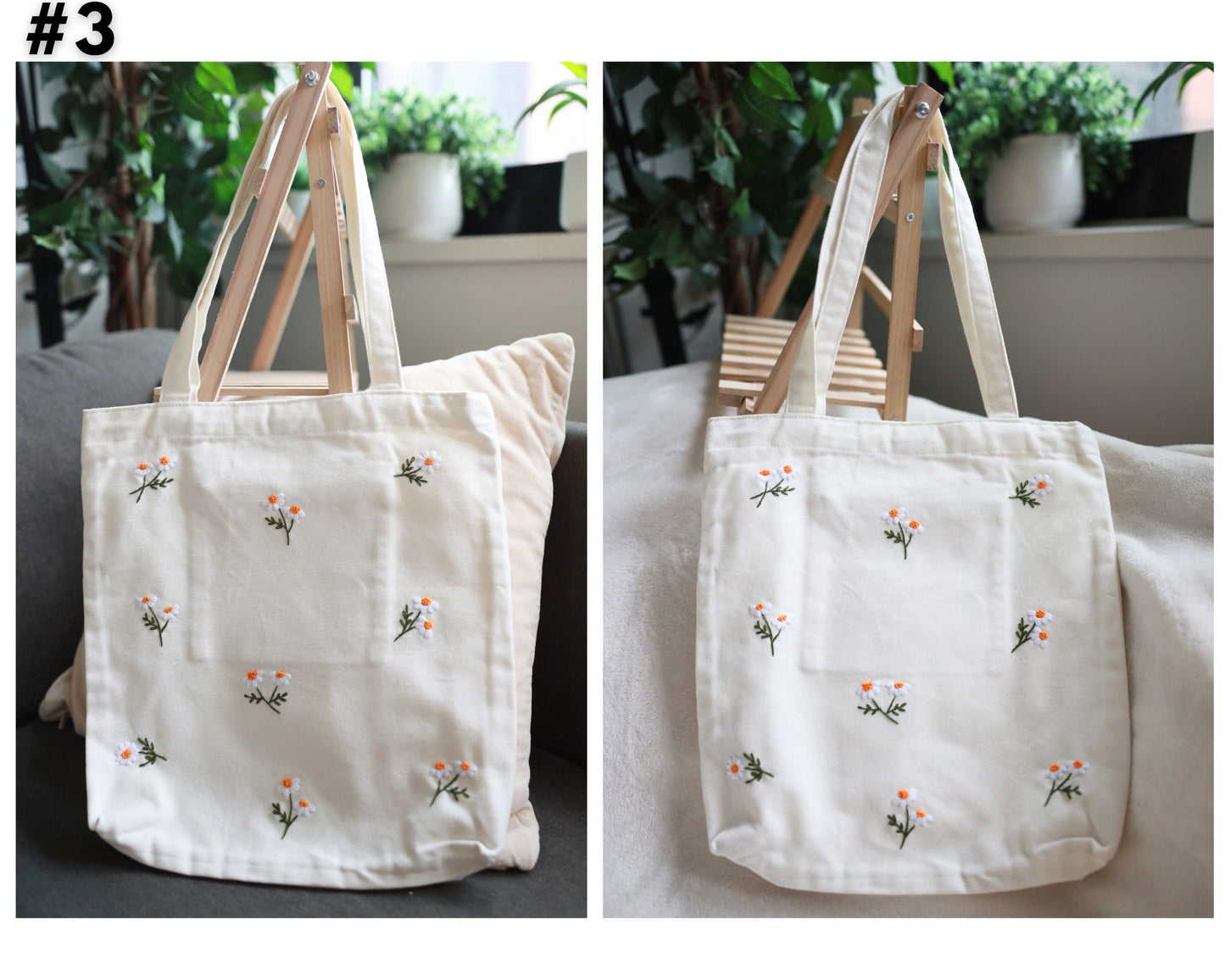 Daisy Flowers Embroidered Tote Bag, Tote Bag, Lavender Floral Canvas Tote Bag, Handmade Cute Floral Tote Bag Summer, Vintage Tote