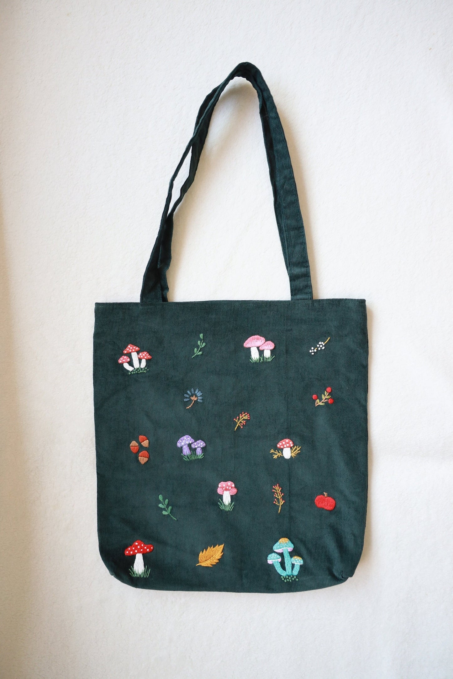 Mushroom Embroidered Velvet Tote Bag, Velvet Bag With Mushroom Embroidery, Vintage Handmade Shoulder Bag, Gift for Women, Forest Green