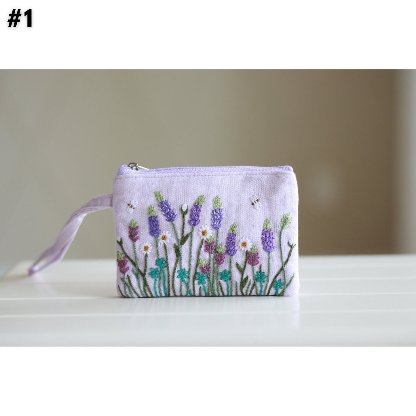 Hand Embroidered Coin Purse Wristlet with Flower Embroidery