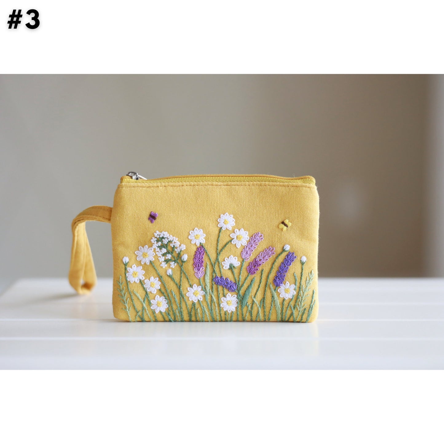 Hand Embroidered Coin Purse Wristlet with Flower Embroidery