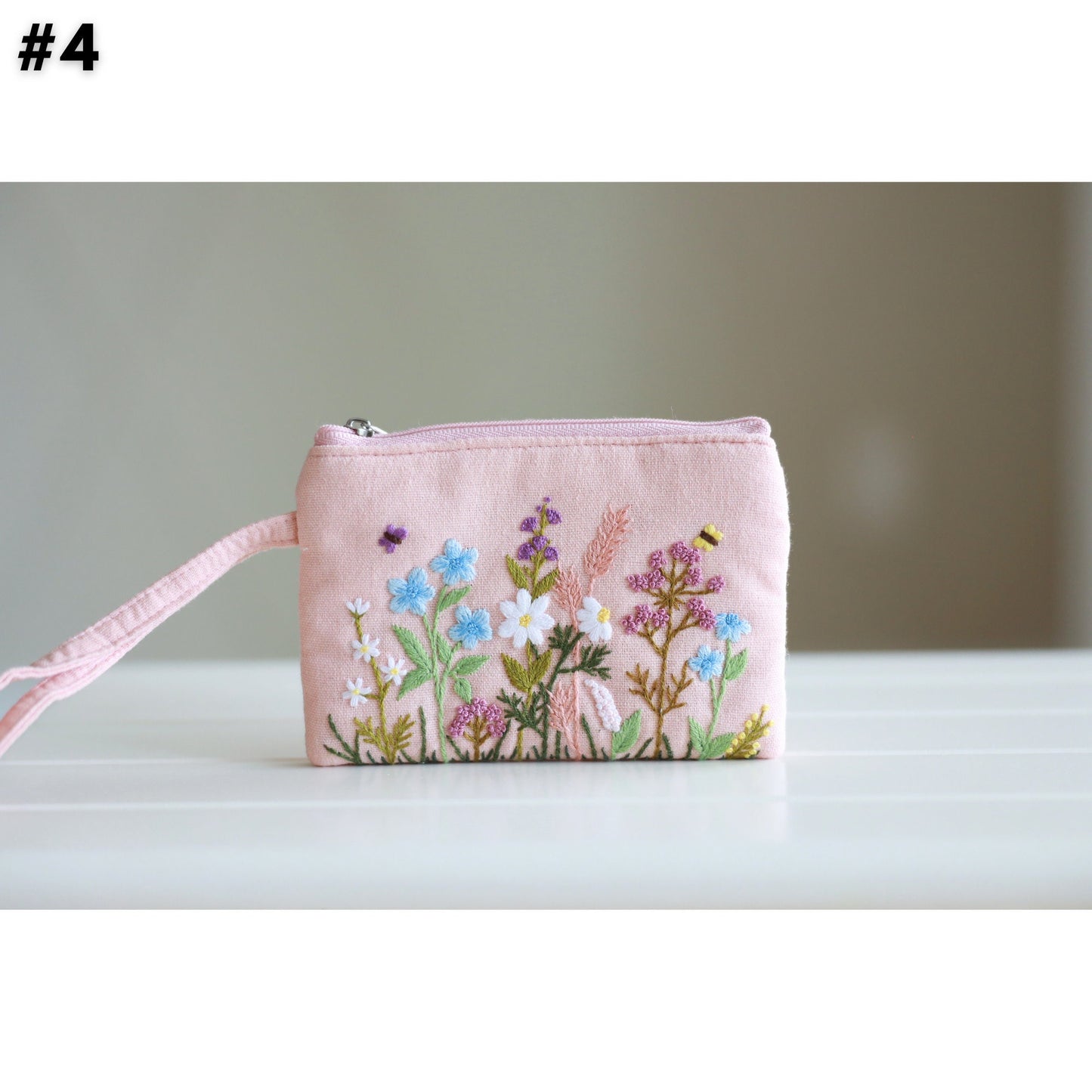 Hand Embroidered Coin Purse Wristlet with Flower Embroidery