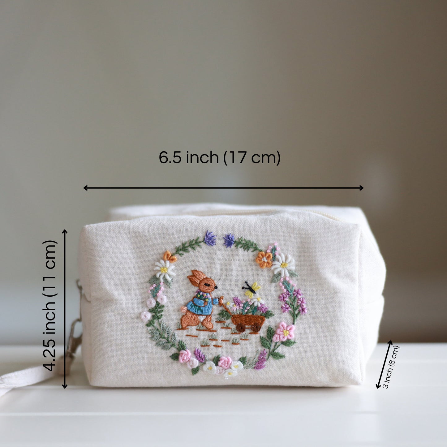 Hand Embroidered Makeup Bag with Flower Embroidery