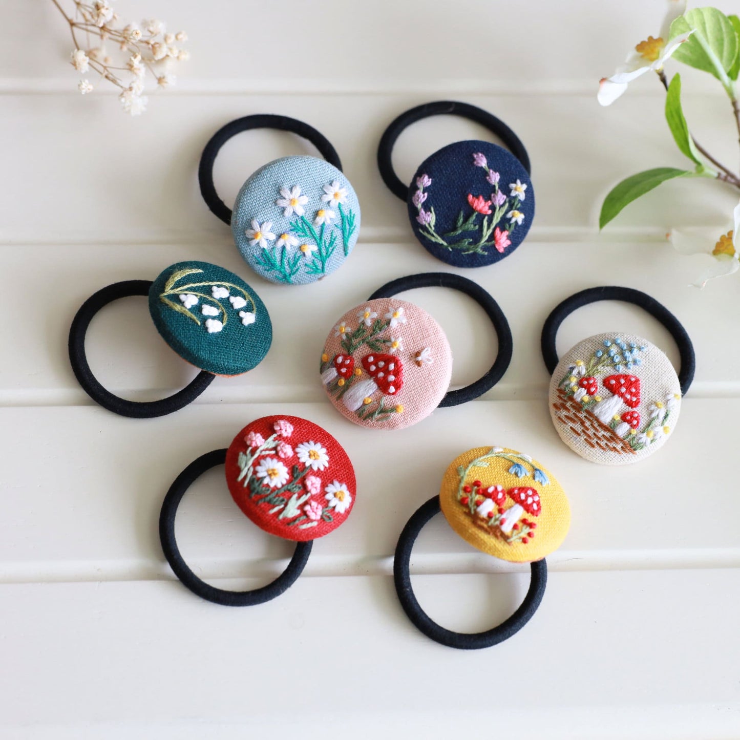 Floral Embroidered Button Hair Tie