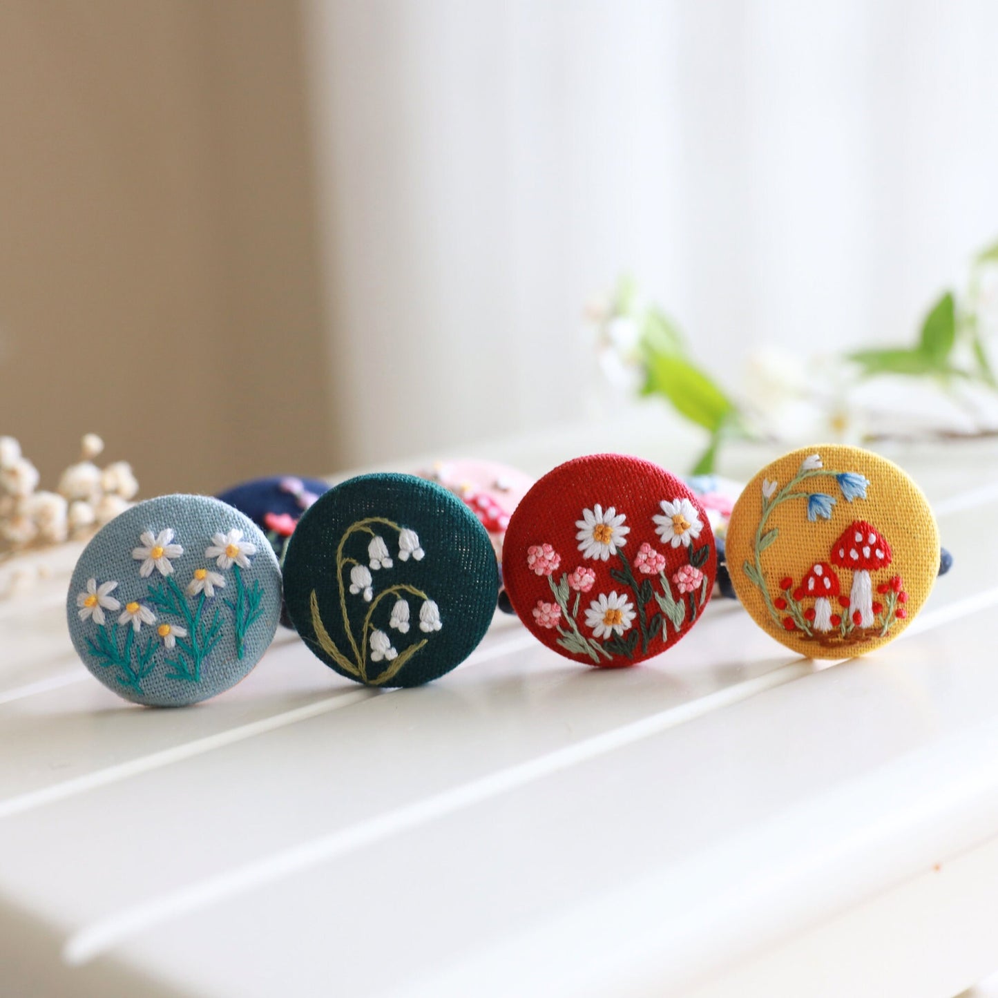 Floral Embroidered Button Hair Tie